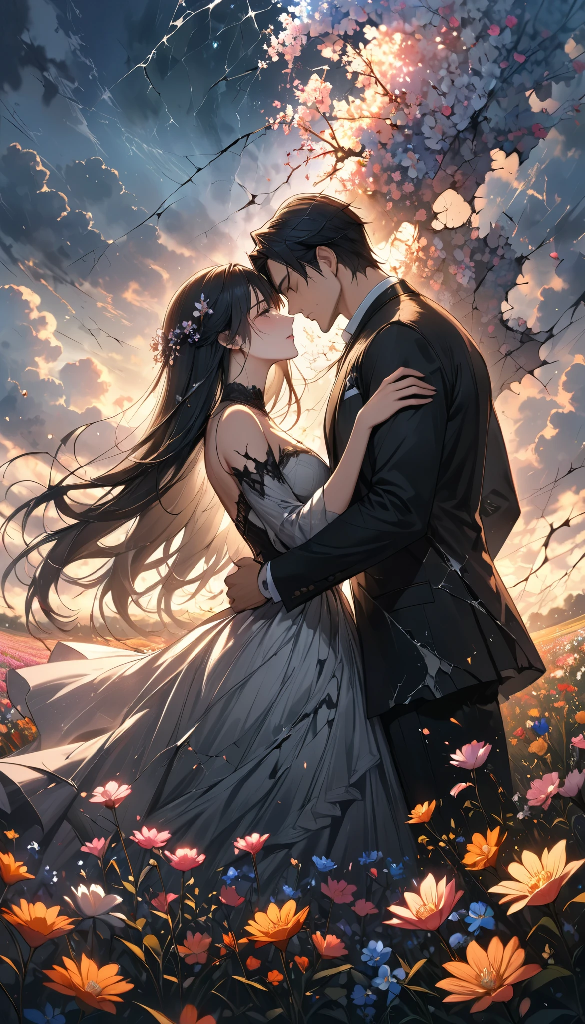 a pair of men and women , The moment of confession, Ephemeral Scattered Love , ((A cracked sky like a mirror )), A Field Full of Beautiful Flowers, A cracked sky suggests results, Please express cracks in black, masterpiece, best quality , Highest Resolution , Exact details