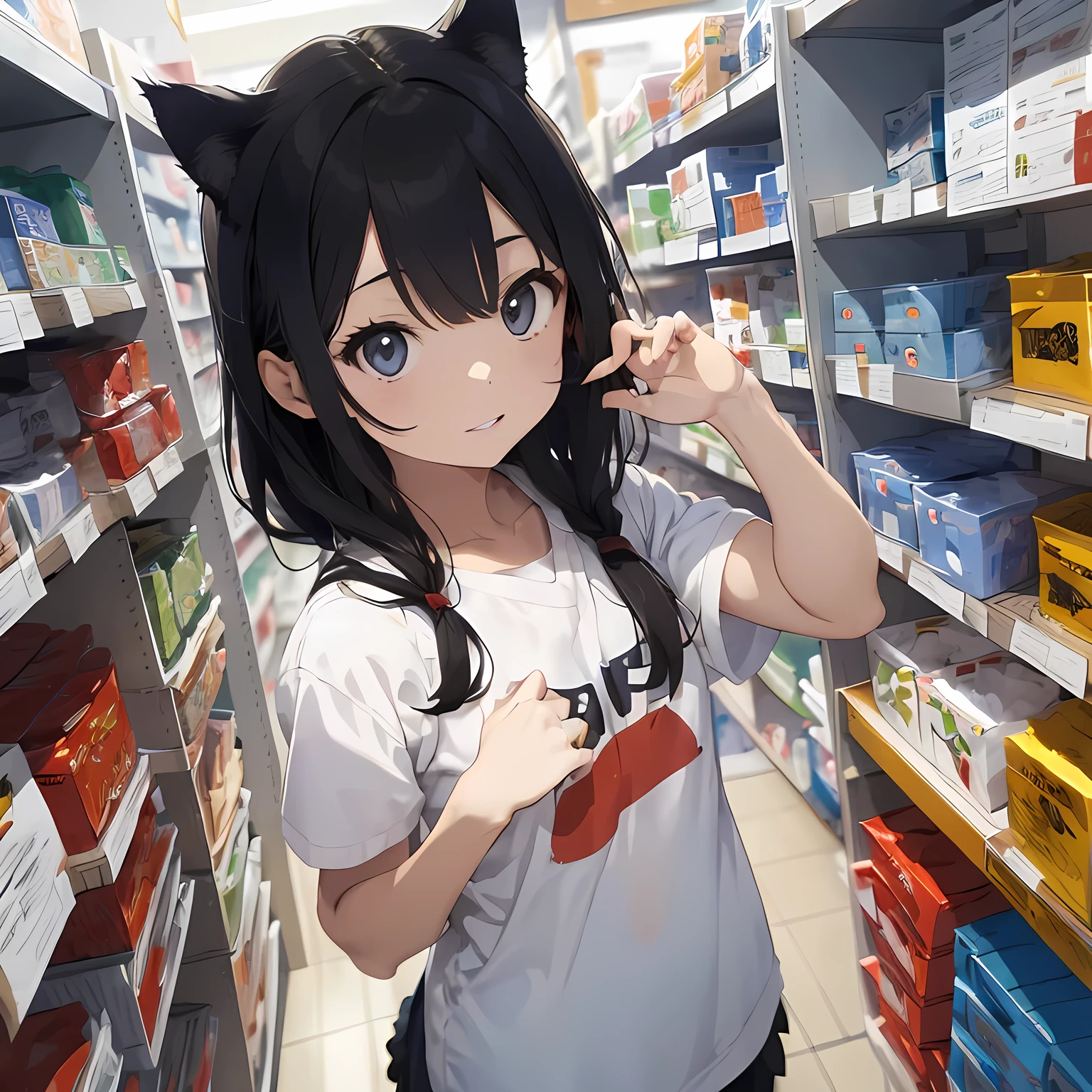 (Cat/Pharmacy), Anime Super、 1 girl, solo、Shadows of the Body、(Don't like to think、Narrow eyes、 expressionless、 blue eyes:1.3)、( little chest:1.2)、 dark green hair 、two buns short hair、Pink eyeshadow around the eyes、 with bangs、 blue eyes、Green national costume 、( focus on face :1.5)、 shot from above、 、Nothing Michikusa 、Country Road、Store clerk、Pharmacy