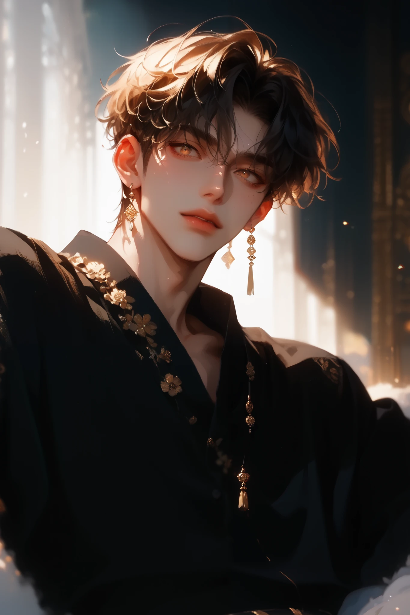 Single, Anime boy,Anime stye, black shirt，High resolution , Unseen from the camera ，Calm， detail,  High detail , short hair, tea hair, bangs,  wearing a wave dress with her hair , golden eye,  with a low eye ,    tripartite lens , 8k Octagonal Rendering, 