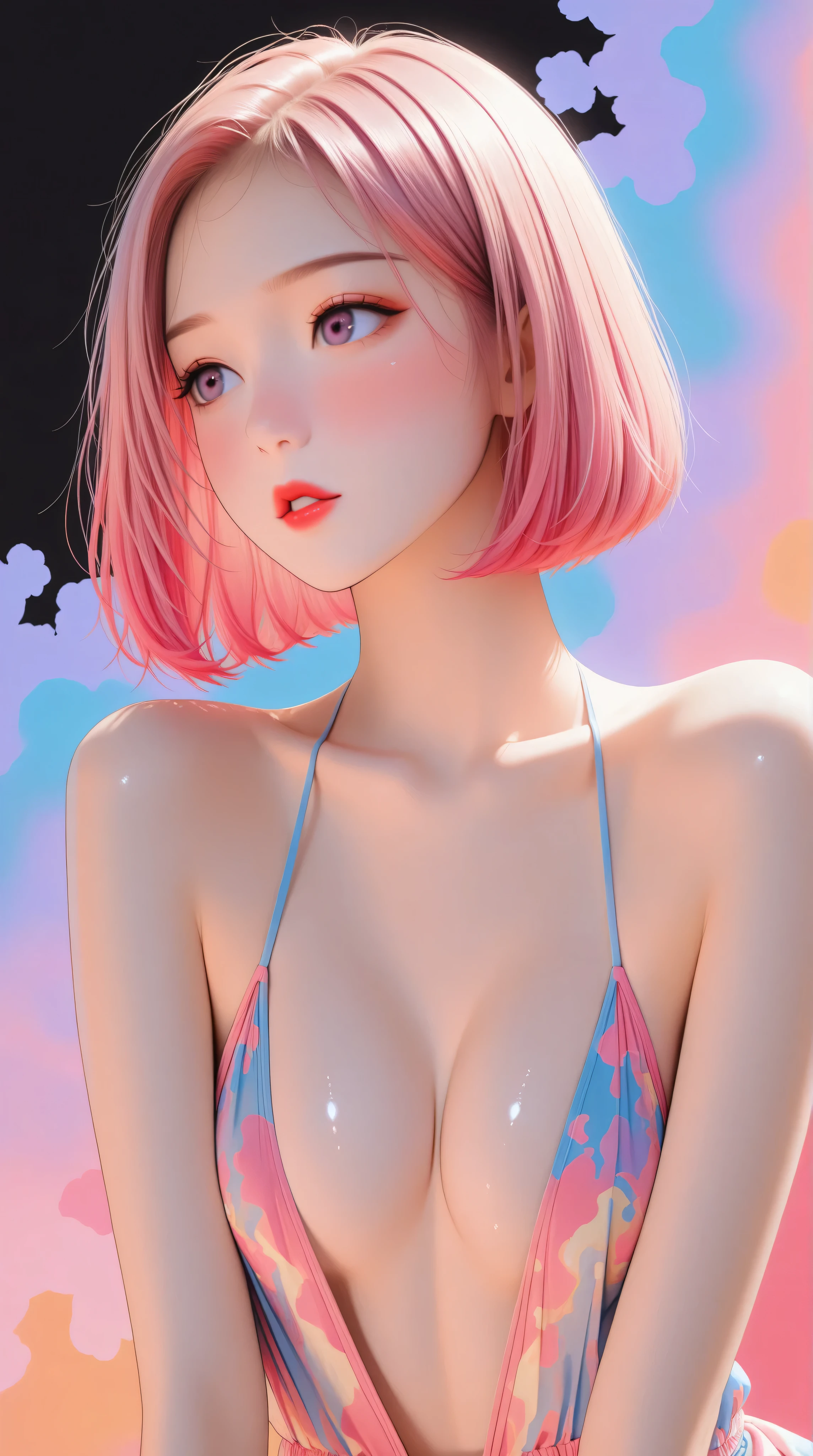 ((highest quality)), ((masterpiece)), (become familiar with), perfect face 露出が高い服, ((show off your nipples)), ((erect nipples)), thin waist, long limbs, ((highest quality)), ((masterpiece)), (become familiar with), perfect face, (pink hair), (Ufu cut), big breasts, elegant, big breasts, (highest quality,4k,8k,High resolution,masterpiece:1.2), Super detailed,(realistic,photorealistic,photo-realistic:1.37), super stylish, beautiful makeup,beautiful, portrait, bright colors, gorgeous shiny hair, graceful and calm attitude, Attention-grabbing appearance, ((crowd)), relax, 