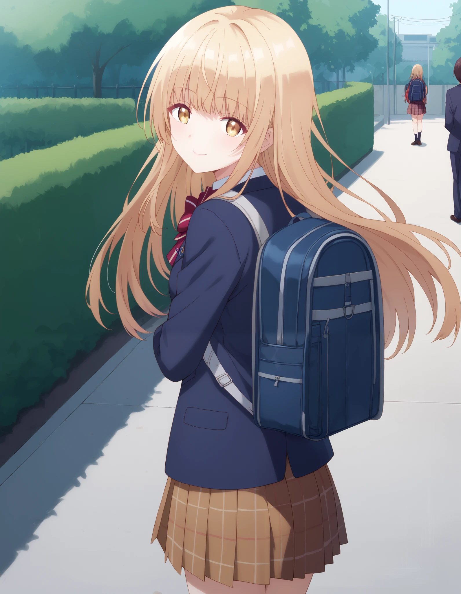 Masterpiece, hd, best quality, closed mouth, light smile, light blush, long hair, mahiru shiina, bangs, blonde hair, brown hair, yellow eyes, long hair, skirt, bow, school uniform, jacket, pleated skirt, plaid, plaid skirt, blazer, blue blazer, red bowtie, wearing school backpack, (backpack:1.2), outdoor, smile, standing, cowboy shot, from behind, back view photo