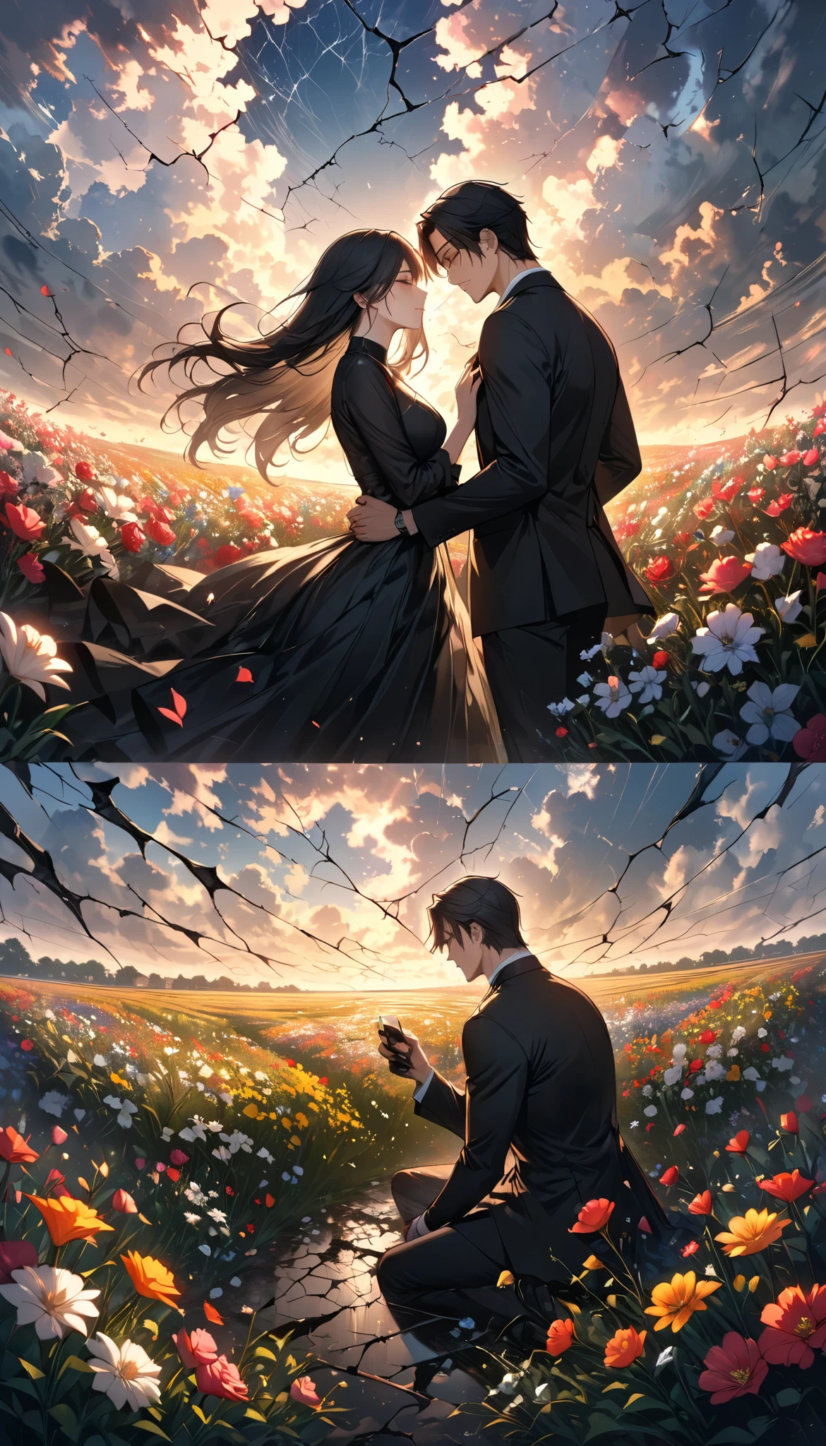a pair of men and women , The moment of confession, Ephemeral Scattered Love , ((A cracked sky like a mirror )), A Field Full of Beautiful Flowers, A cracked sky suggests results, Please express cracks in black, masterpiece, best quality , Highest Resolution , Exact details