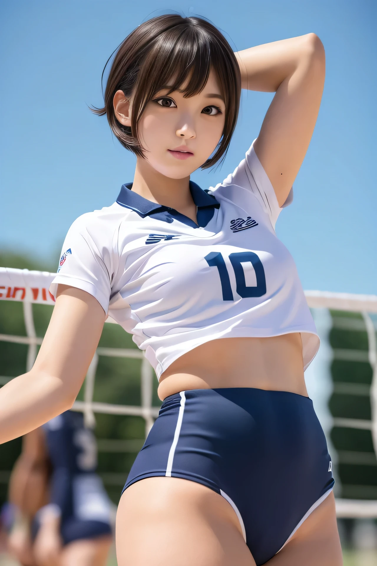 small volleyball player, 14 year old, with shorts, beautiful, japanese, pale slim gril, slim face, sexy uniform, with bangs, short shorts, small blouse, sunny day, dramatic lights, photorealism, beautiful, tender, erect nipples, pokies, cameltoe