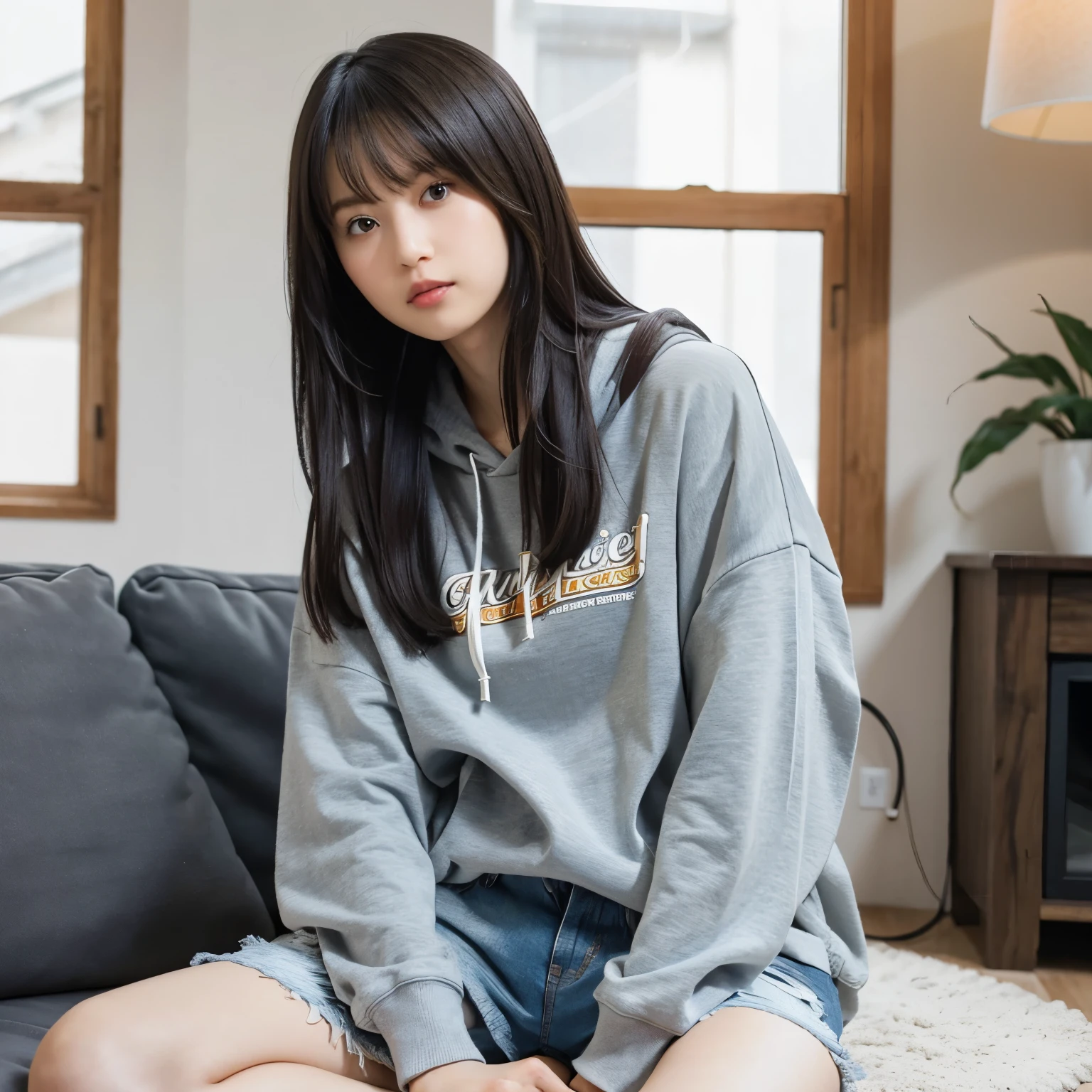 plain light grey hoodie, denim shorts, close-up from the waist up , Living room with natural light , Sofa、 Warm space with rugs , looking at camera , Relaxed everyday scenes that are gentle and friendly, girl, busty, black hair, straight hair, with bangs, The Greatest Masterpiece, professional lighting, Lighting from the front, reflex version, solo