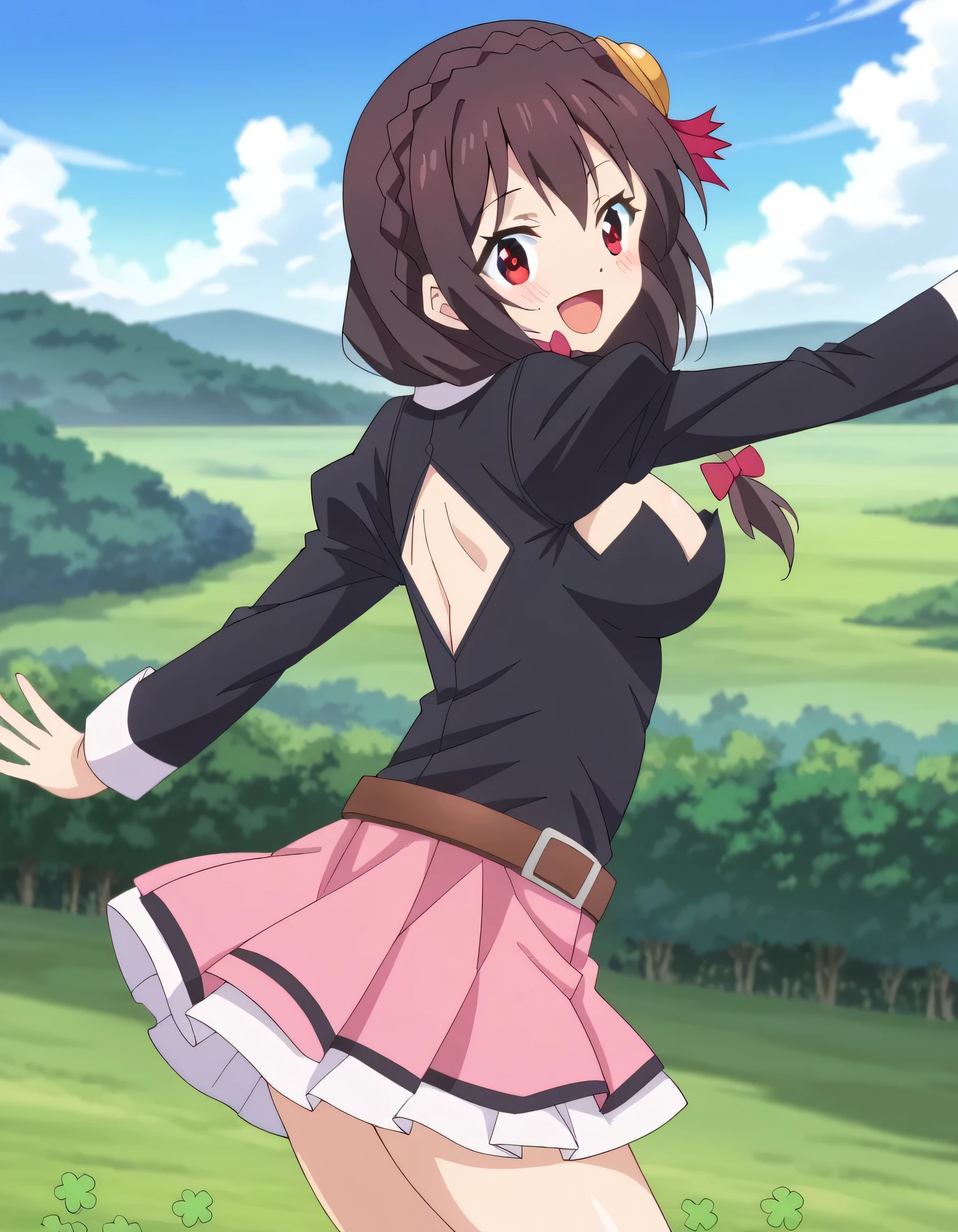 HD, High Quality 、
Yunyun、 black hair, Hair Accessories , red eyes, , braided , crown braided ,
skirt , thighs, Long Sleeve, ties, belt, Outfit Cutout, cleavage cutout , pink skirt , pink ties,
(smile)、(blush)、(The background is a clover field )、blue sky、Standing、 open your mouth and laugh、♥️、 heart mark、 clover dancing in the wind、(Looking Back)、 view viewer
