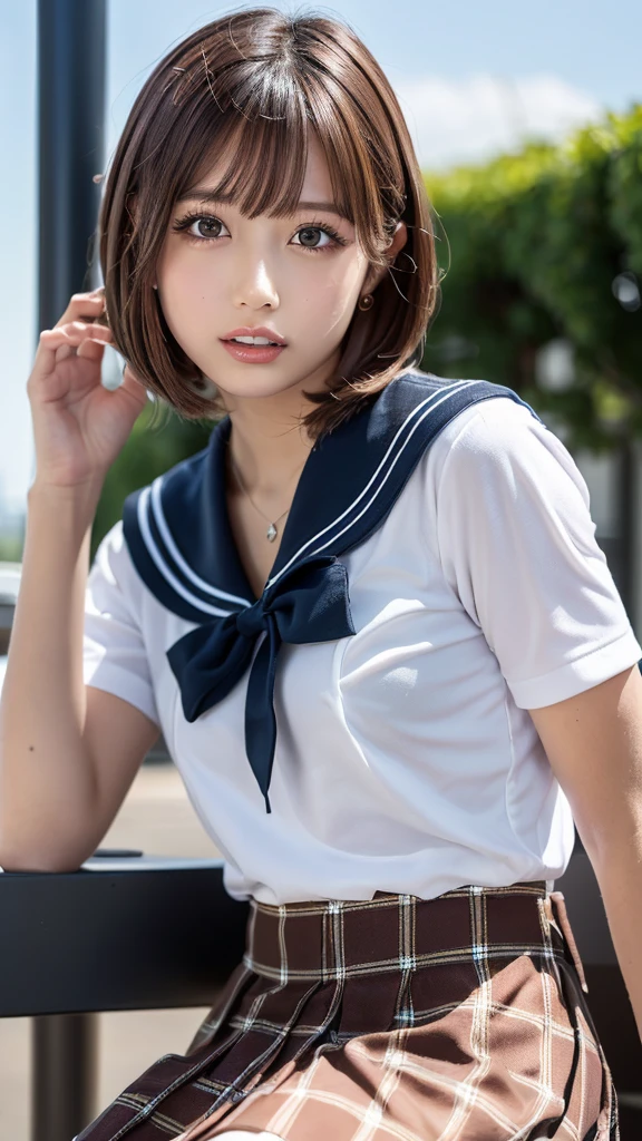 ((best quality, 8K, On the table:1.3, 1 girl, beautiful girl)), Lovely, vitality, Delicate face, Delicate skin, delicate eyes, Detailed lips, Detailed fingers, Detailed mouth, Detailed teeth, Detailed tongue, Round eyes, Reality, original photo, Natural light, Round buttocks, Tight legs, (Close your eyes, Sailor-style school uniform), curls, Pixie Short Hair, doze off, Sitting on a bench, outdoor, legs spread, Large Breasts, arms behind the body