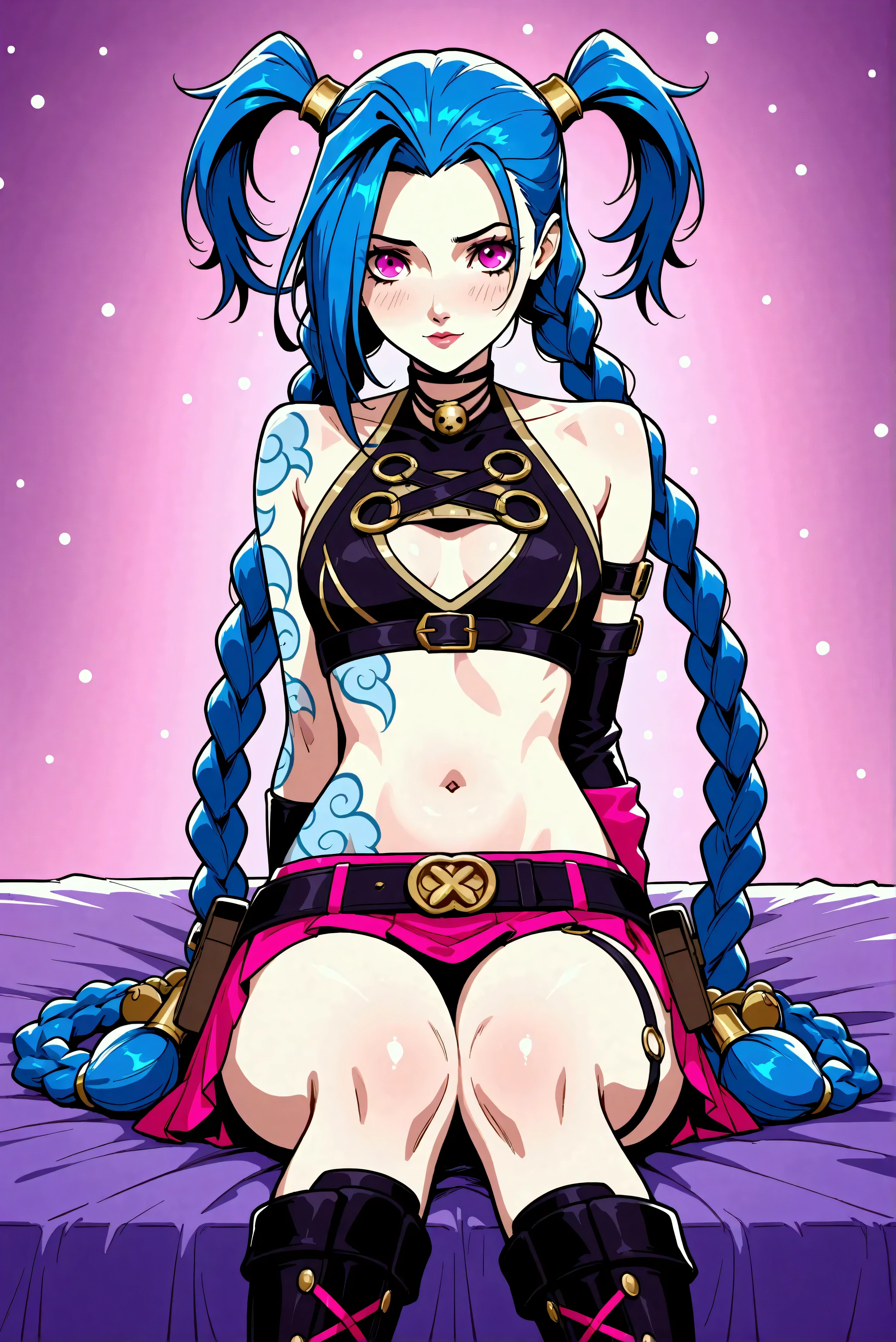 Créer une description créative et ludique d'un personnage inspiré du concept de « Nude Jinx » de noel, une représentation sexy et séduisante tout en mettant l'accent sur ses traits de personnalité, son style et la façon dont elle interagit avec le monde qui l'entoure. . Mettez l'accent sur sa nature ludique, son énergie vibrante et son sens unique de la mode d'une manière légère et artistique. Create a design or concept inspired by the character Jinx from the game *League of Legends* with a holiday twist, incorporating elements that reflect both her chaotic persona and the festive spirit of Christmas. Use bright colors, playful motifs, and unexpected contrasts to capture her mischievous nature while celebrating the joy of the holiday season. Consider elements such as decorations, outfits, and interactions with traditional holiday symbols. Aim for a fun and whimsical design that balances Jinx's wild energy with the warmth of festive cheer.