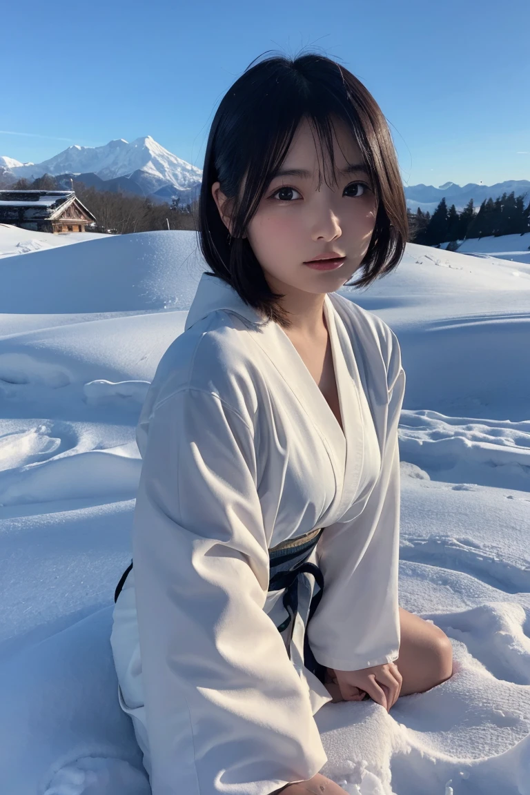 (s Armor)、(top-quality,​masterpiece:1.3,超A high resolution),(ultra-detailliert,Caustics),(Photorealsitic:1.4,RAW shooting,)Ultra-realistic capture,A highly detailed,high-definition16Kfor human skin、 Natural Skin Texture、、The skin looks healthy with an even tone、 Use natural light and color,One Woman,japanes,kawaii,a blond,bob cuts、Very big big,(depth of fields、chromatic abberation、、Wide range of lighting、Natural Shading、)、hot onsen、(Falling snow:1.2)、(Hair swaying in the wind:1.2)、(Snow reflects light:1.1)、Cleavage can be seen through the exposed kimono、Buttocks visible through exposed kimono（Colorful loincloth）、Photographed from directly behind while crawling on all fours with butt sticking out