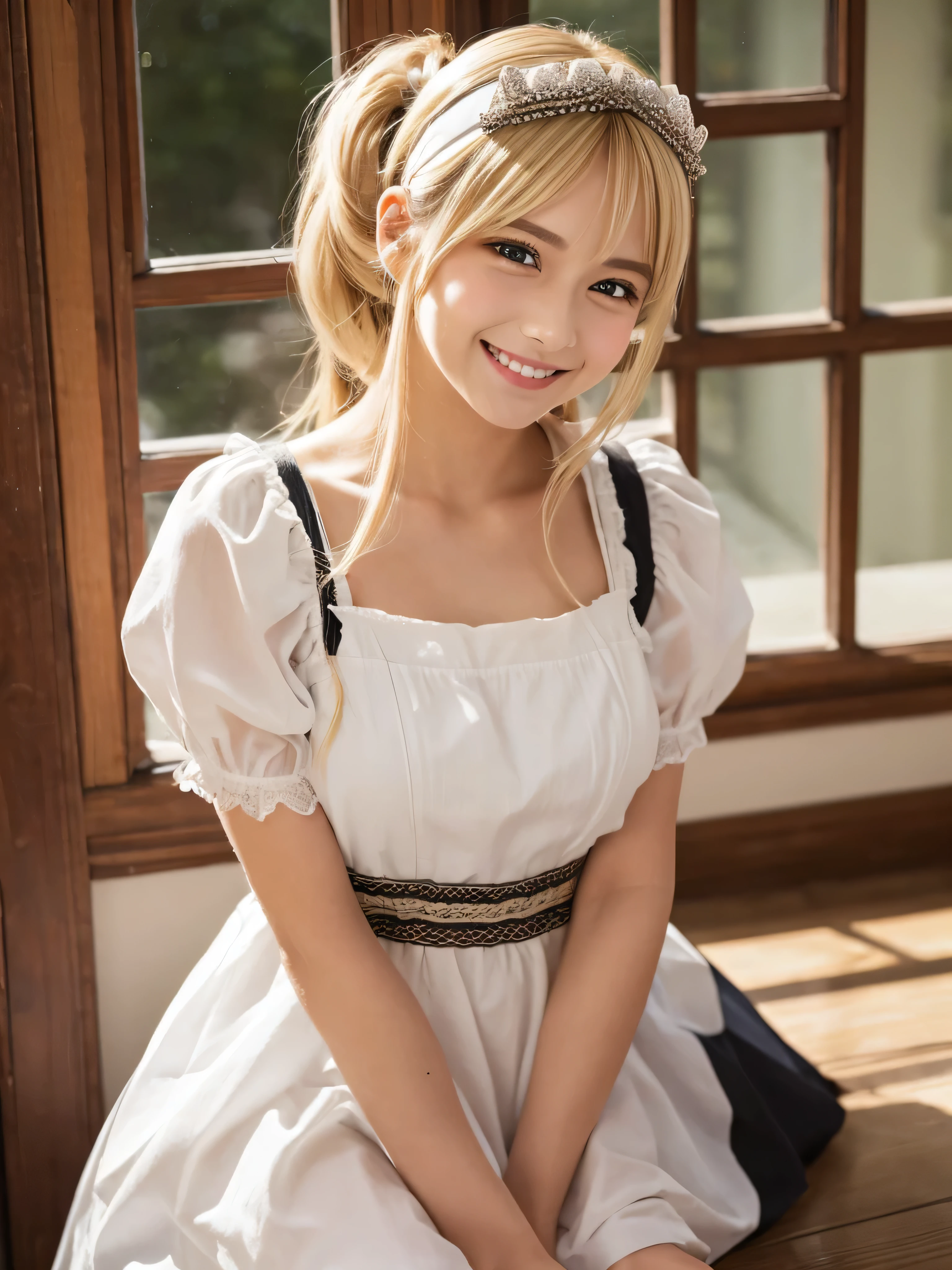 (pieces fly:1.5)、(highest quality:1.5)、(16k wallpaper:1.2)、(realistic:1.2)、(Super detailed:1.2)、(ultra high resolution:1.2)、(Highly detailed and realistic skin:1.2)、(Very detailed and clean sharp eyes:1.2)、(Full Orange High Waist Ruffle Layered Mini Skirt:1.7)、(The skirt is spreading)、(orange ribbon on shirt:1.5)、(orange waitress costume:1.2)、(she has her back turned、Light blue striped pants are visible.:1.5)、(At a family restaurant with many male customers..:1.2)、beautiful sunlight from the window、(woman with slender figure:1.2)、(Beautiful 18 year old woman:1.2)、beautiful eyeliner、eye shadow、natural color lip、(Long blonde twintails that cover one eye:1.2)、My chest is medium、The best smile with an open mouth、(pure white collared long sleeve shirt:1.4)、(Pure White Knee High Socks:1.3)、(white beret:1.4)、Video seen from behind、