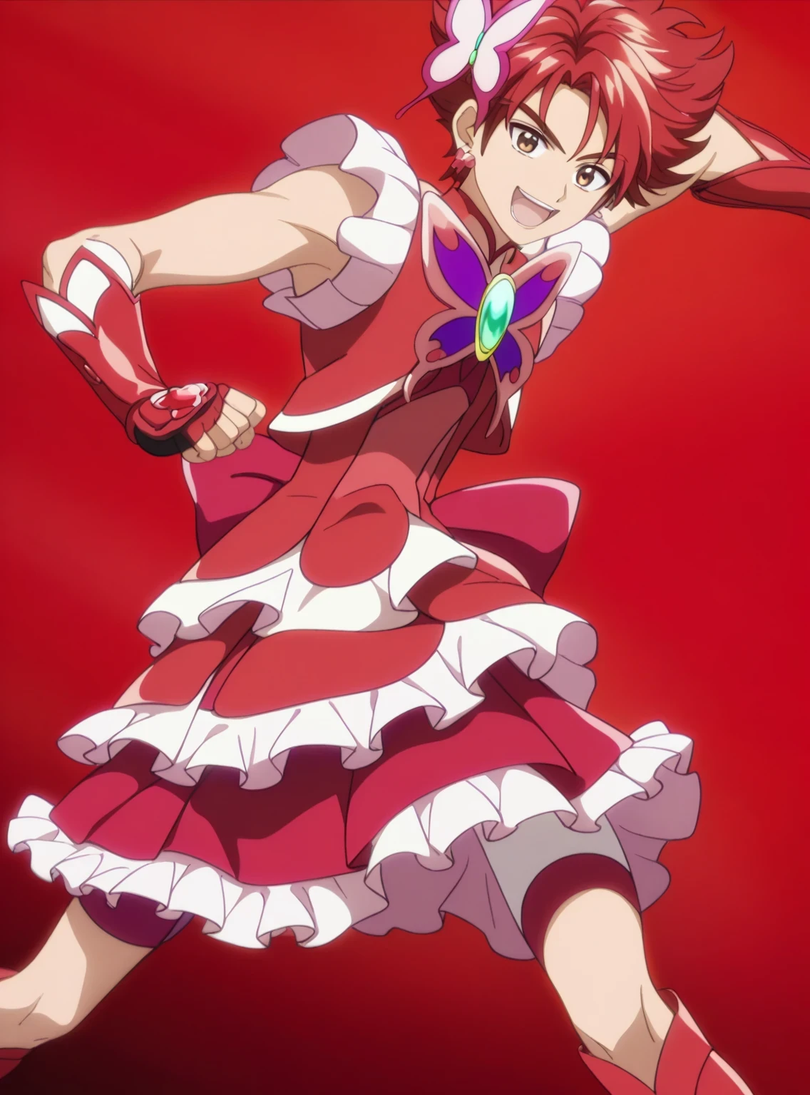 score 9 、score 8 up、score 7 up、source anime、masterpiece、 best quality 、 high resolution、1boy 、 bright expression、Short Hair、 Short pointed red hair with bangs 、 brown eyes、spiked hair、alone、 Red dress with white and pink accents、butterfly brooch、jewelry、pink flower hair ornament、 Puff Sleeve 、Red Arm Warmers 、red detached sleeves、gloves、 layered skirt 、 miniskirt 、 red boots 、(manly:1.3)、 Dynamic action poses 、 cowboy shot、looking at viewer、 male focus、 anime style、 Bright big eyes、Smooth and clear skin、 Brilliant red background with bubbles floating 、 soft lighting、 Vibrant Vibrant Vibes、 close-up perspective 、 bright 、Sharp focus on character 、No motion blur.、(male body:1.3)、