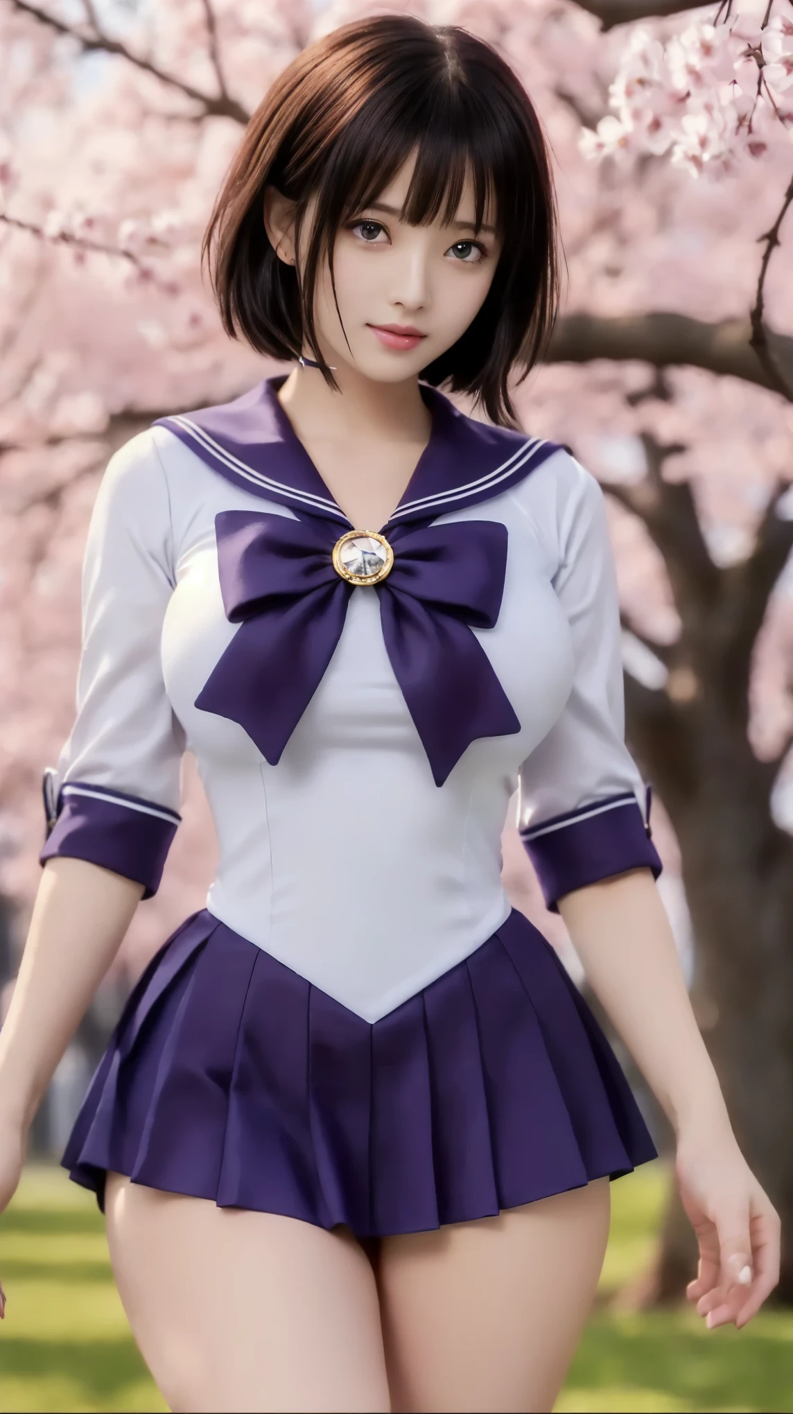 a woman in a sailor suit posing in front of a tree, anime girl cosplay, anime cosplay, sailor uniform, a pldark blue and white dress uniform, anime girl in real life, loose coat collar sailor uniform, magic school uniform, cosplay, professional cosplay, jk uniform, magical school student uniform, realistic cosplay, ayaka cosplay, cosplay photo, full-cosplay. Sailor Saturn, 1 girl, dark blue hair, short hair, dark blue eyes, detailed eyes, large lens pupils, focus on the female, alone, standing, portrait, full body, (Masterpiece:1.0), (best quality:1.0), (8k wallpaper:1.0), (beautiful detailed face:1.0), (deep detailed eyes), young woman, large and firm breasts, big chest, clothing, (((visible navel))), curvy waist, dark blue choker (with an 8-pointed silver star in the center), small 8-pointed silver star earrings, staring at the camera, Sailor Scout, dark red bow on the chest (silver 8-pointed star in the center of the bow), dark blue skirt (((super short mini skirt))), tight outfit (showing body curves), small gold crown on the forehead, long white gloves (dark blue ring around the elbows like bracelets), open legs, feminine body, natural makeup, thin lips, glossy pink lips, smooth white skin, slightly sweaty skin, super tiny mole on the left chin, background of a park road with cherry blossoms, realistic.
