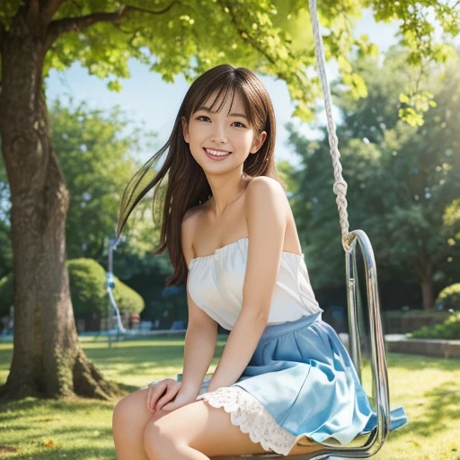 highest quality、High resolution、Super detailed、masterpiece、(Live shooting:1.5)、genuine:1.5、photogenuineistic:1.5、very delicate and beautiful、small details、1 female、(super beautiful)、(beautiful face:1.5)、(brown hair)、(sit on the slide in the park:1.3)、(Spread her legs:1.2)、(show me your white panties:1.1)、(polka dot dress with short skirt)、(Clothes)、(Children playing:1.2)、(At SFW)