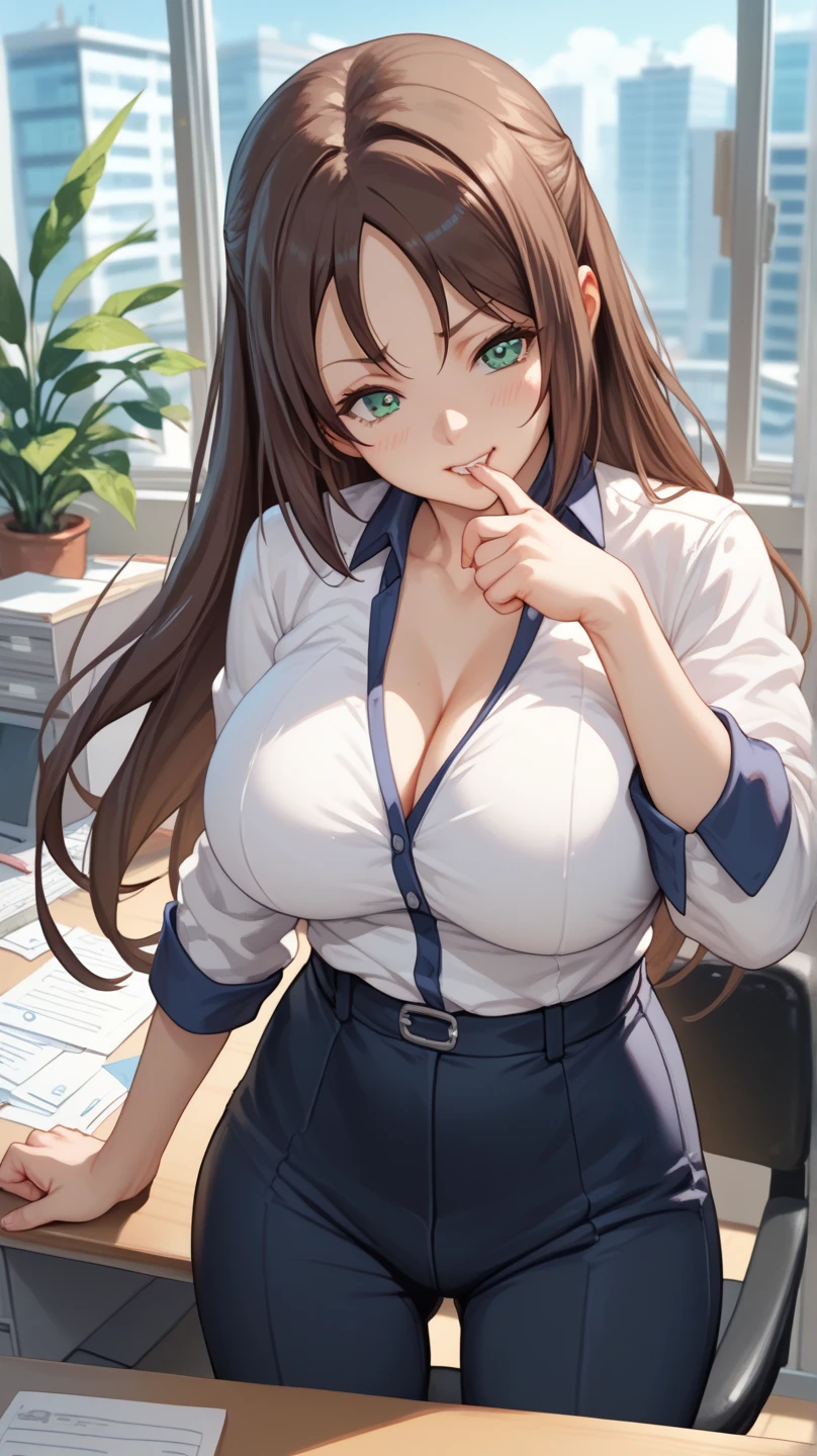 NSFW(1.5)masterpiece, best quality, 1 girl, solo, ager, large breasts, light brown eyes, bangs, brond hair, braids hair, office staff suit, jacket, pencil skirt, upper body, standing, office, skirt lift, bottomless