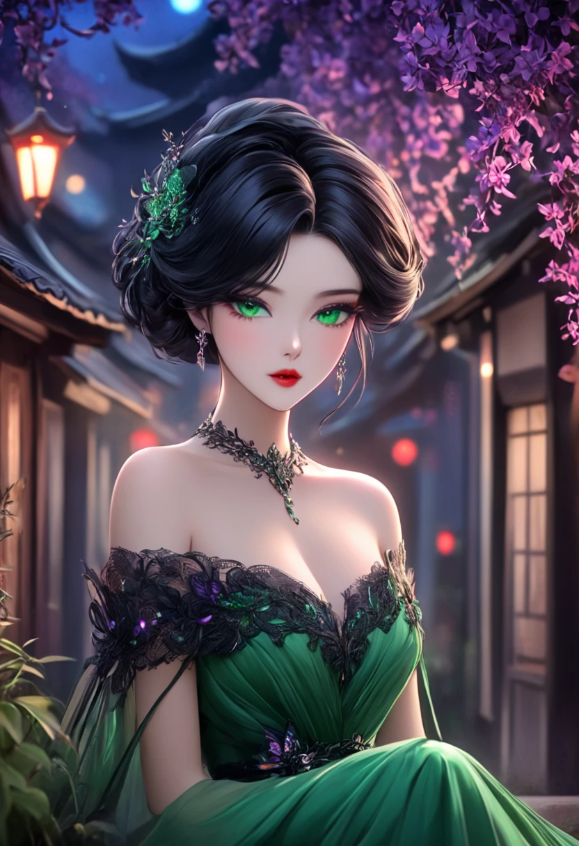 (ultra-realistic anime photography, full-body portrait, stunning 25-year-old woman elegantly styled with black hair, adorned in a breathtaking green dress, highly detailed features) --auto --s2