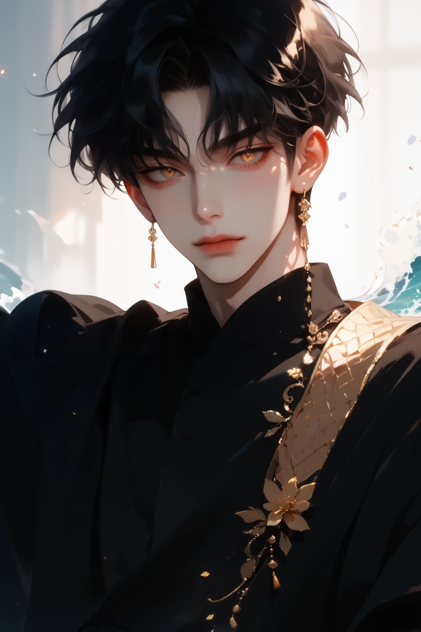 Single, Anime boy,Anime stye, High resolution , detail, 高detail, short hair, black hair, Bangs, hime cut bangs, black shirt,wearing a wave dress with her hair , Golden Eye, with a low eye , tripartite lens , 8k Octagonal Rendering,