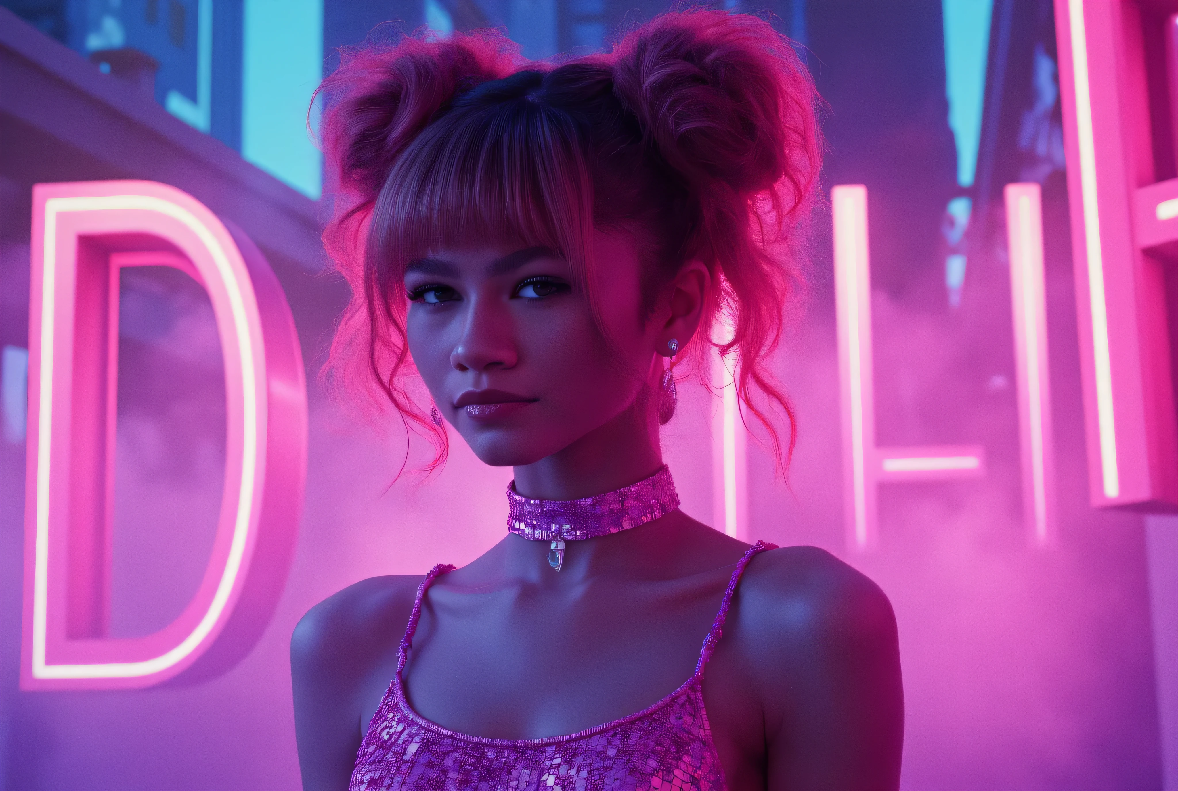 Vaporwave style. Art by Lois Van Baarle. Waist-up 25-year-old girl with and space buns. Retro aesthetic, cyberpunk, vibrant, neon colors, vintage 80s and 90s style, highly detailed, graphic illustration, graphic novel art, vibrant, cover art, dreamy, vector illustration, 2d flat, centered, by Tim Burton, professional, sleek, perfect composition, beautiful detailed intricate insanely detailed octane render trending on artstation, 8k, (medium shot), ((not looking at viewer:1.4), (looking not at camera:1.5),