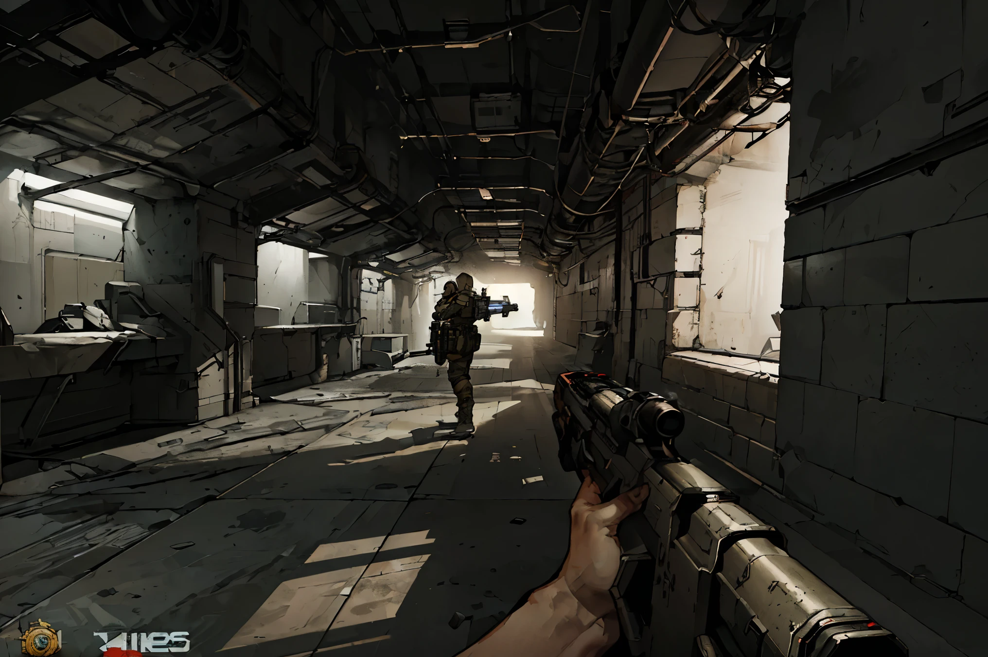 ((borderlands style art, Outliner Effect, first person shooter gameplay, fps game)), spaceship interior scene, dark environment, dramatic lighting, fps game style, fury gun, high quality, 4k, ultra hd, the scene shows a female character naked, nsfw, (the first person shooter, futuristic gun in the first person)
