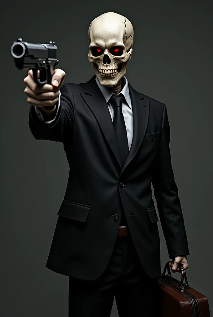 Blue-eyed skeletal skull wearing a black suit and black hat lifting weights at the gym