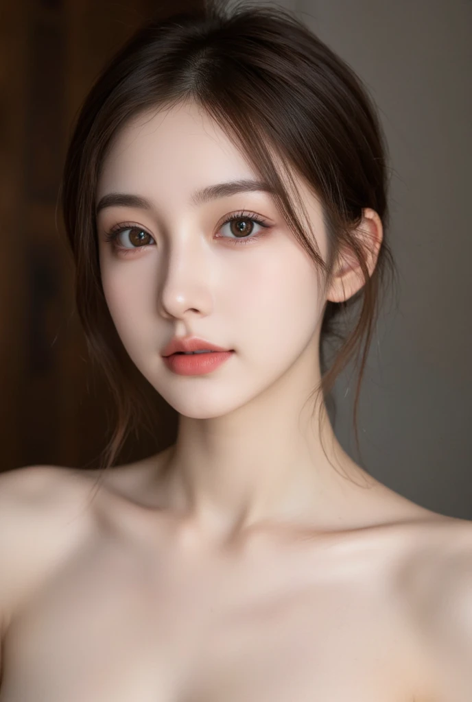 best qualtiy，tmasterpiece，超高分辨率，（realisticlying：1.4），RAW photogr，（True skin texture：1.3），（filmgrain：1.3），in a panoramic view，figure portrait，Very wide lens，a narrow waist，cowboy lens，（in the darkness nigth，deep shading，low tune，cold light，）the night，closeup cleavage，
inside in room， dust， Tyndall effect，
1girll，Beautiful details for eyes and face，White jabot，cropped shoulders，Brown eyes，Beth，full bodyesbian，slim，Thin leg