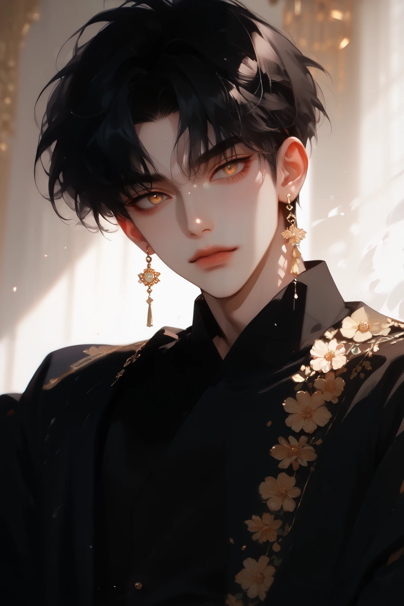 Single, Anime boy,Anime stye, High resolution , detail, 高detail, short hair, black hair, Bangs, hime cut bangs, black shirt,wearing a wave dress with her hair , Golden Eye, with a low eye , tripartite lens , 8k Octagonal Rendering,