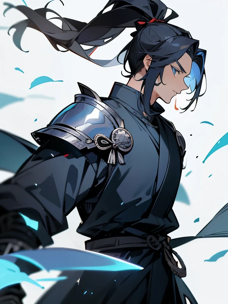 Mature adult man ((masculine and youthful face)) army general, blue eyes, black hair tied in a ponytail, blue armor, sword of the sea god Susano'o, manhua style