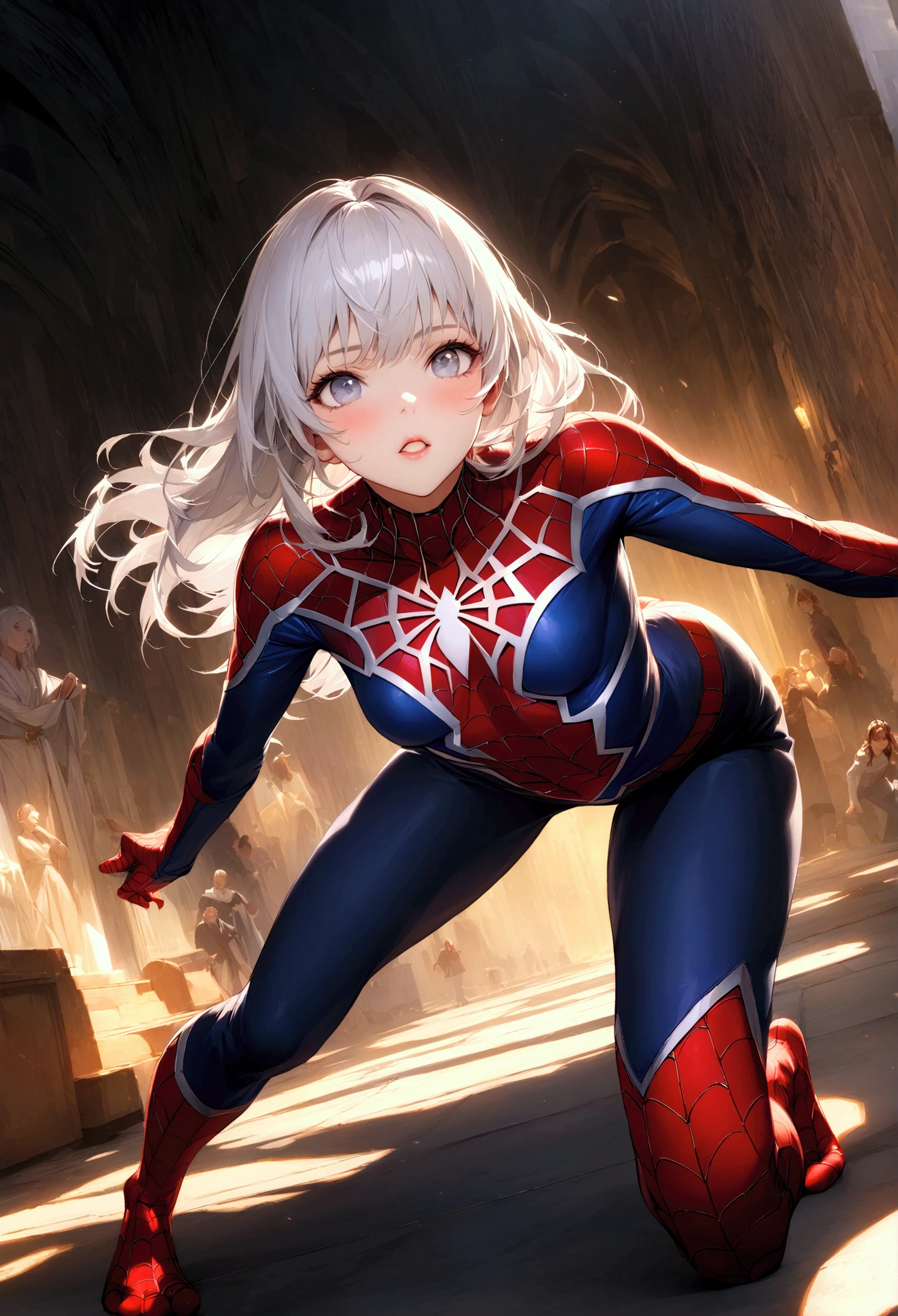 (Extreme Detail CG Unity 8K wallpaper, masterpiece, highest quality), (exquisite lighting and shadow, highly dramatic picture, cinematic lens effect), a girl in a white Spider-Man costume, silver-gray hair color, from the Spider-Man parallel universe, Wenger, Marvel, Spider-Man, sitting on the couch, dynamic pose), (excellent detail, outstanding lighting, wide angle), (excellent rendering, enough to stand out in its class), focus on white Spider-Man costumes, complex spider textures, Perfect composition