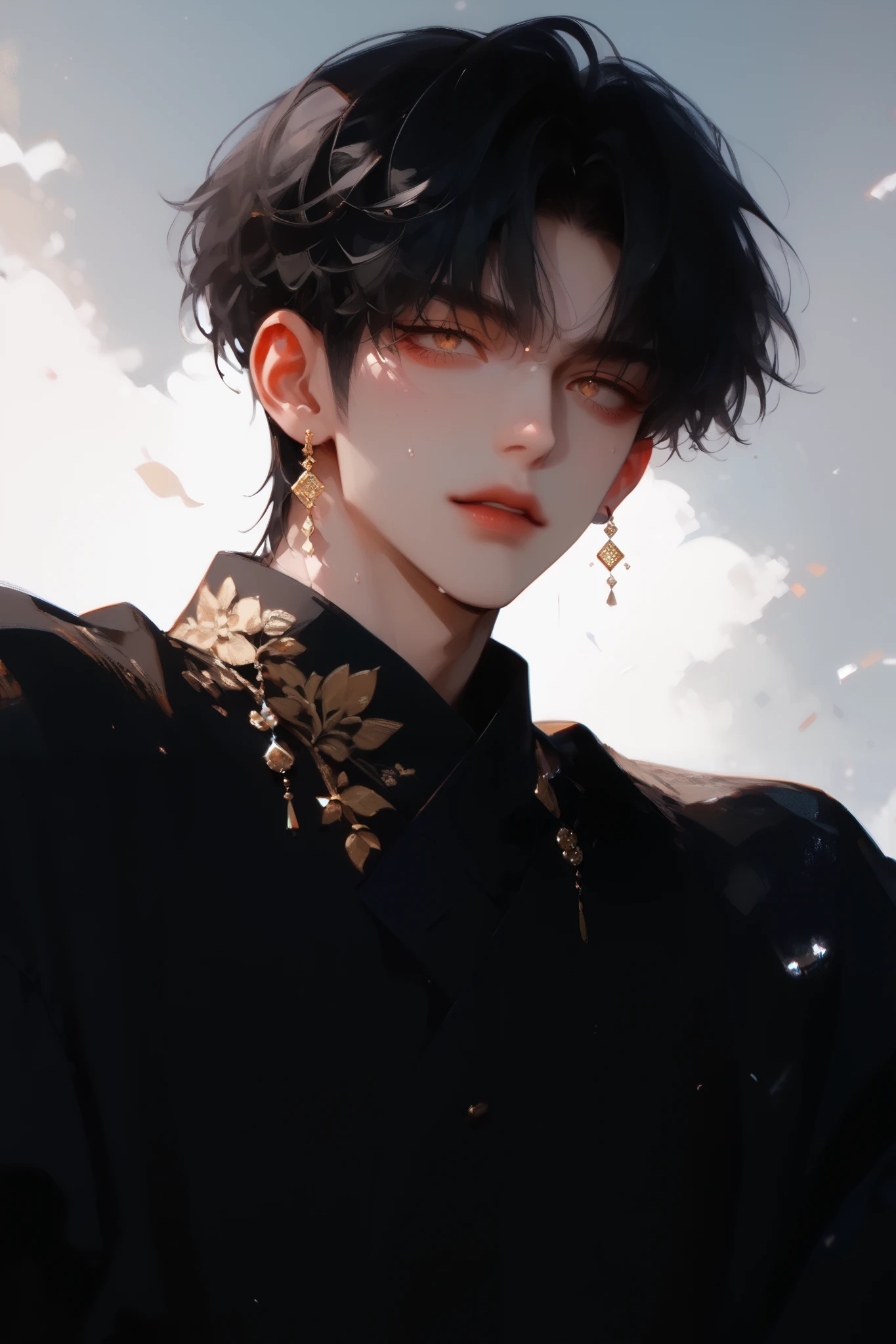 Single, Anime boy,Anime stye, High resolution , High and cold, Unseen from the camera ,detail, High detail , short hair, black hair, bangs, hime cut bangs, black shirt,wearing a wave dress with her hair , golden eye, with a low eye , tripartite lens , 8k Octagonal Rendering,