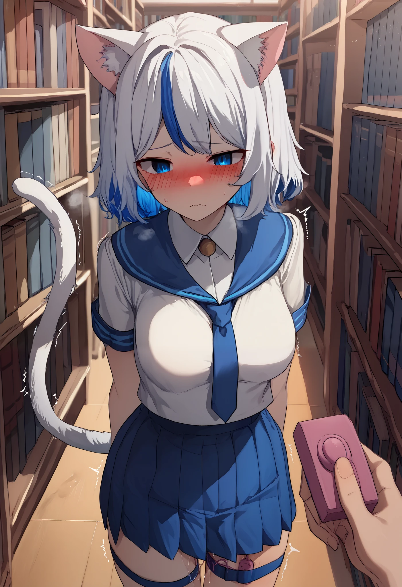 score_9, score_8_up, score_7_up, source_anime BREAK 1girl, solo, pov, (white serafuku:1.2), (blue short skirt:1.5), (White hair and blue highlights:1.5), (blue sailor collared:1.2), (blue ribbon tie :1.2), (light blue eyes:1.3), medium, short hair, solo, (medium breasts:1.2), masterpiece, (blushing:1.1), best quality, highly detailed, (fullbody image:1.5), kwaii, (blue inner hair:1.2), (two-tone hair:1.5), (blushing face:1.4), , (cat ears:1.4), cat tail, perky breasts, blush, pov_holding_remote, heavy breathing, pussy juice, twitching, heart, library, books, indoors, rating_questionable, egg vibrator in pussy, thigh strap