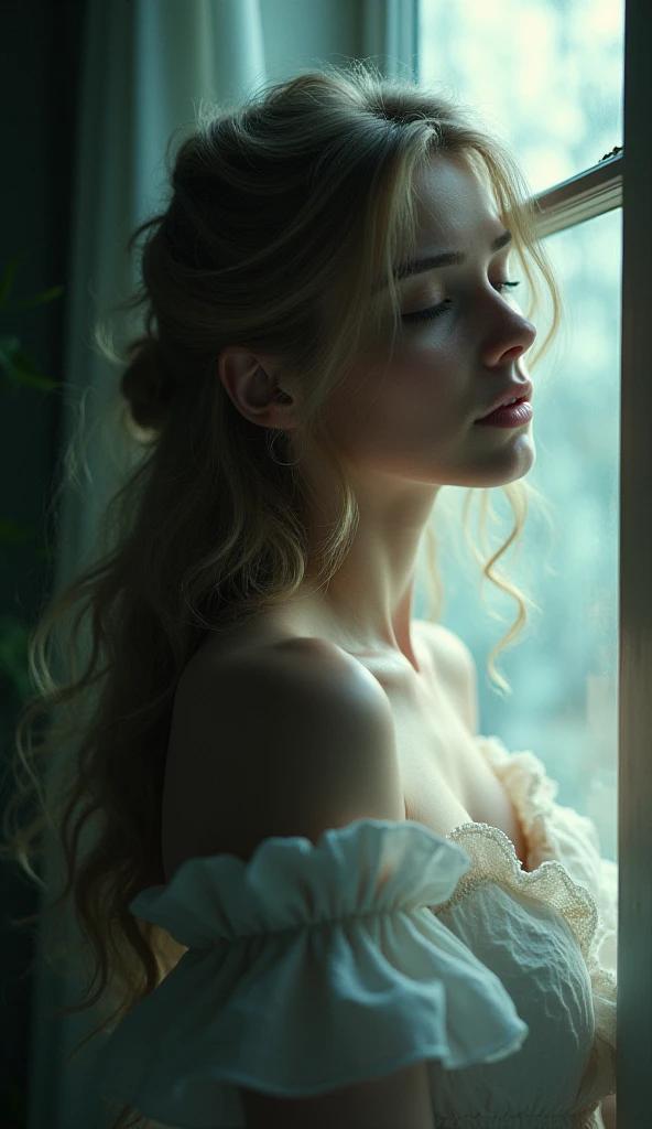 Woman with her back to the camera centered leaning against a large neoclassical window with sunbeams of volumetric light entering a beautiful light blue dawn illuminating her face in high contrast