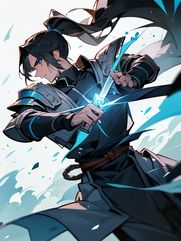 Mature adult man ((masculine and youthful face)) army general, blue eyes, black hair tied in a ponytail, blue armor, sword of the sea god Susano'o, manhua style, perfect creation
