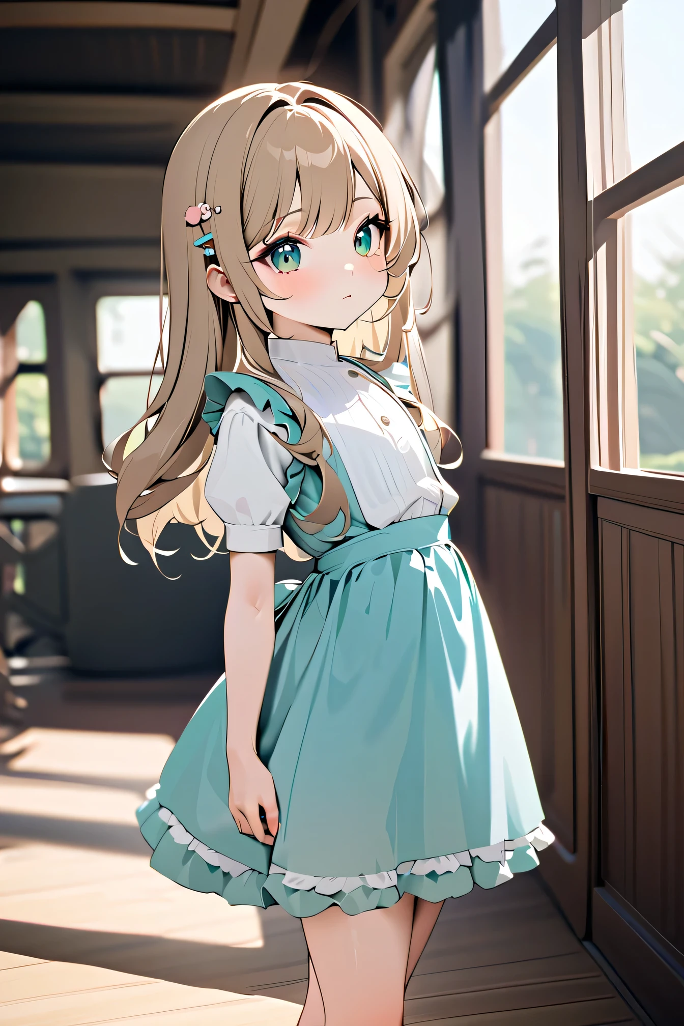 masterpiece, best quality, amazing quality, very aesthetic, absurdres, newest, scenery, volumetric lighting, depth of field, (fantasy art), (masterpiece), high quality, ((perfect anatomy:1.1)), ((Perfect fingers:1.1)), BREAK One Girl, , (beautiful girl, petite, cute, loli), (short stature:1.4), very younndergarful light brown hair), (straight long hair), (petite wave long hair), looking away, very cute, (beautiful skin, kawaii, cute hairpin, with a star), (flat chest), slender body, arms behind, beautiful delicate emerald eyes, beautifully detailed see through pastel color dress, frilly dress, white loincloth, (sexy poses, dynamic poses), (close up face:0.8), BREAK fantasy, magical colors and atmosphere, silky to the touch, cinema lighting, dynamic angle,