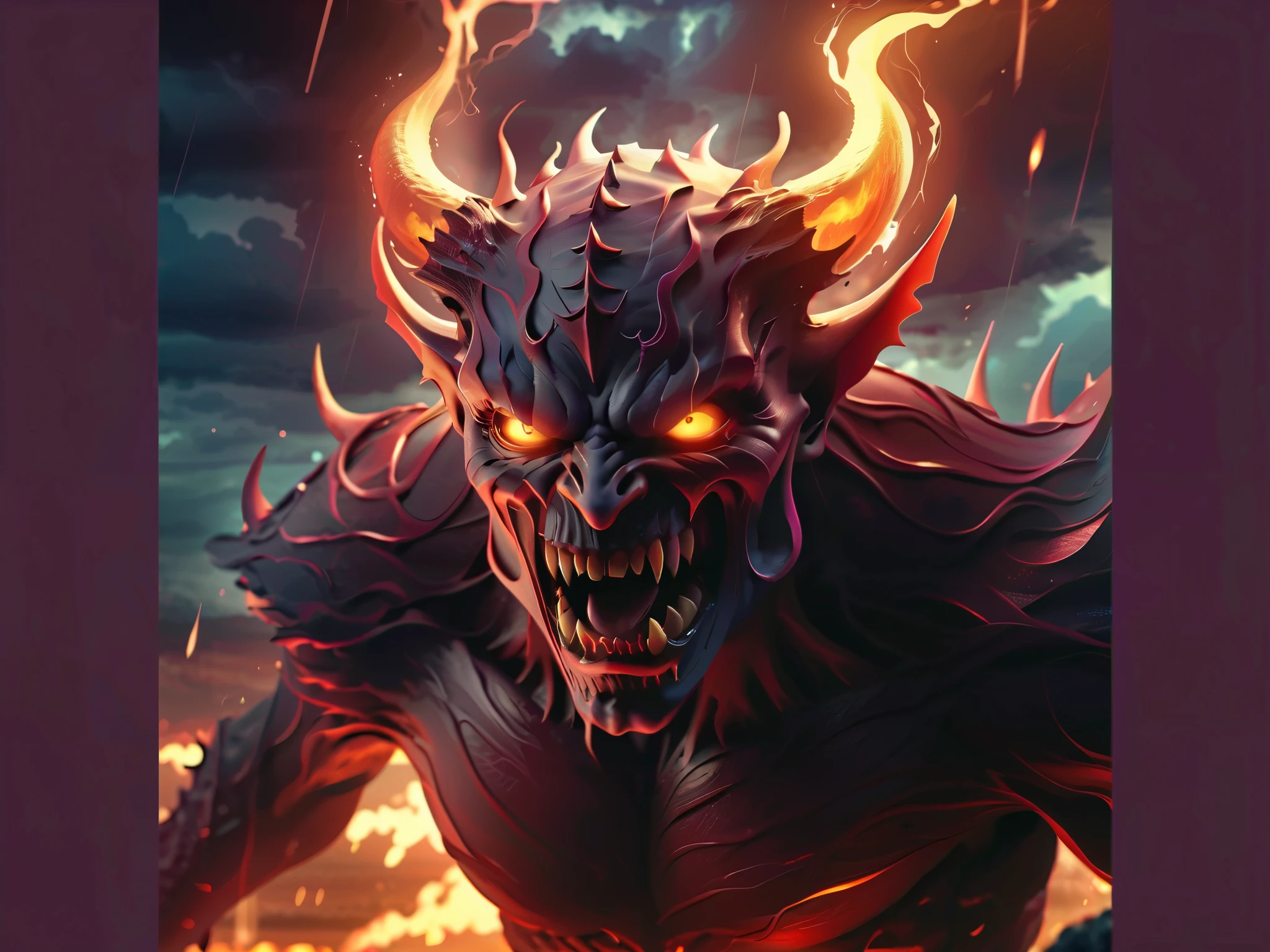 Create a terrifying demonic face with a wide-open mouth and eyes, screaming into the void. The demon’s features are monstrous and inhuman, evoking pure fear. In the background, flying monstrous minions with twisted wings and glowing red eyes swarm through a storm of chaos. Massive crimson cracks tear through the sky, emitting an eerie glow. Blood-red streaks seep through the stormy clouds, as though reality itself is bleeding. Powerful lightning bolts in shades of deep purple and crimson flash across the scene, illuminating the swirling abyss. The atmosphere is drenched in death, chaos, and destruction, complementing the horror of the demon’s presence.