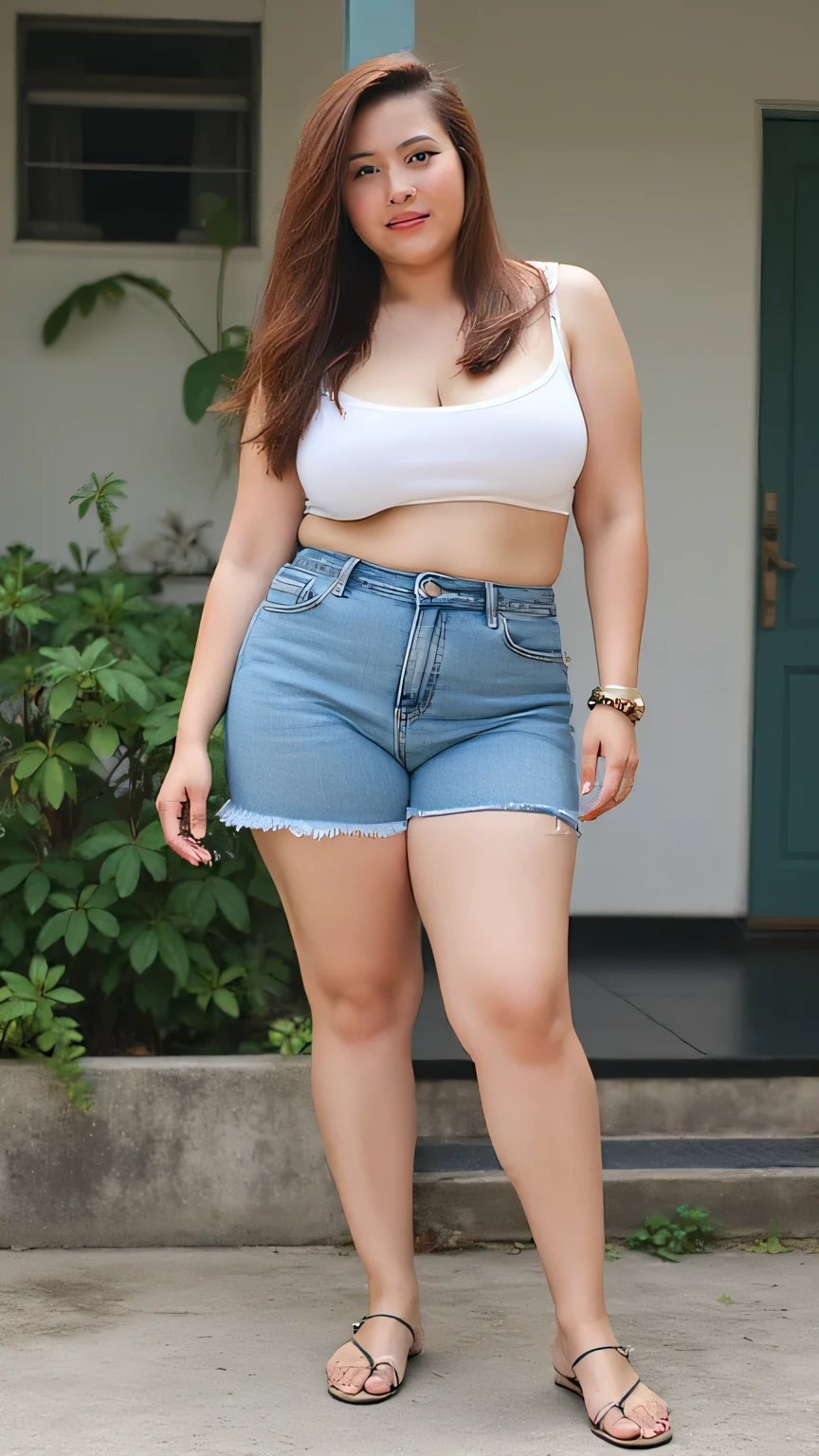 ((best quality)), ((masterpiece)), (detailed), perfect face, araffe woman in a dark-blue shirt and blue denim skirt walking down a dark room, thicc, she has a jiggly fat round belly, bbwchan, wearing tight simple clothes, skinny waist and thick hips, widest hips, her belly is fat and round, soft curvy shape, hyperrealistic full figure, wearing a cute top, wide hips, wearing 10 bracelet , wearing huge diamond necklace , watch, wavy short hair 