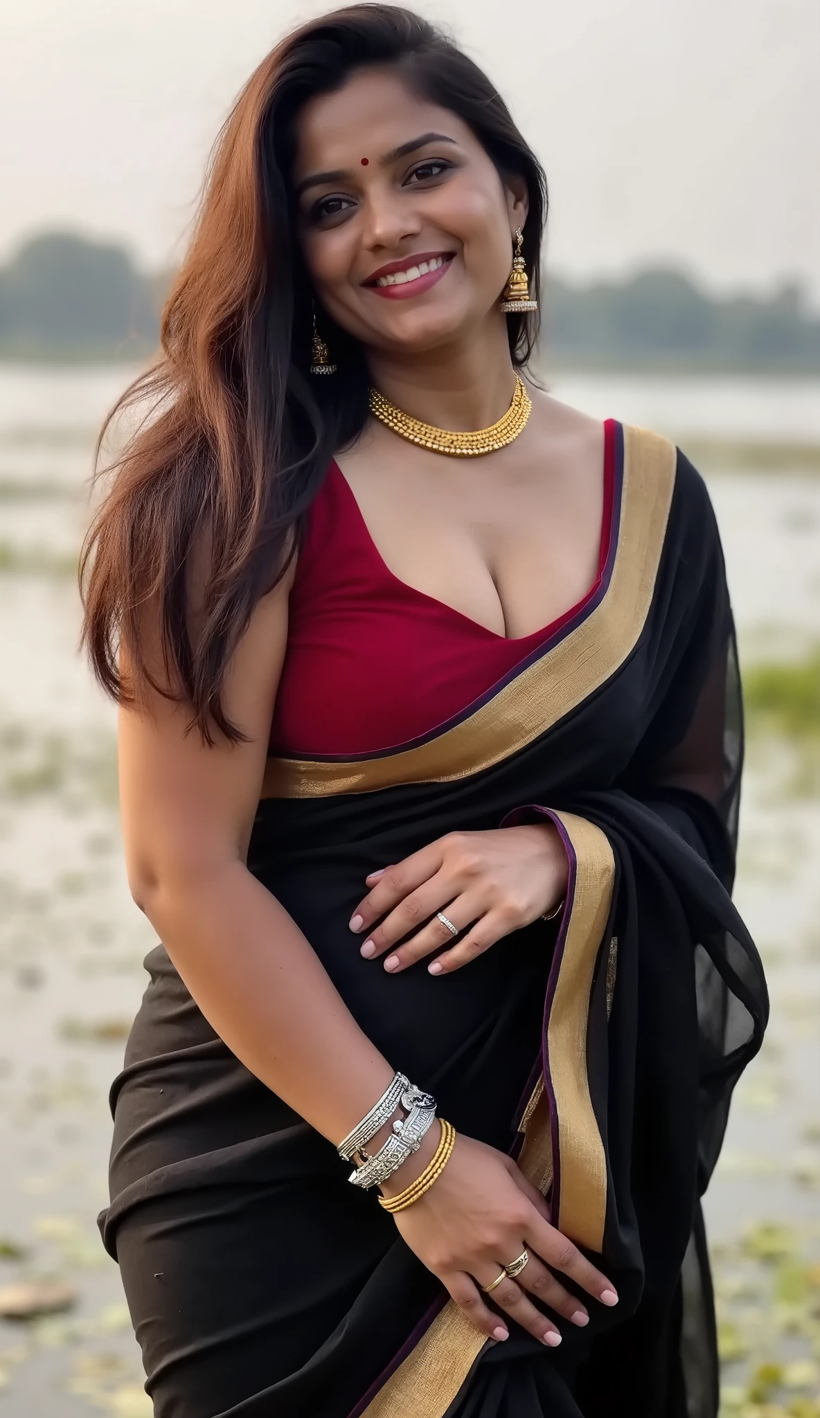 (((Portrait of powerful indian milf woman, bollywood actress, 40 years old, wearing indian jewelry:1.40)))((最high quality,8k,masterpiece:1.3)), Realistically, Sharp focus, high quality, alone, indian, Middle-aged women, Beautiful woman,(((wearing black traditional saree))), 4, plum, Light brown semi-long, Wrinkles around the eyes, ((Voluptuous figure)), light makeup, ((Large Breasts, cleavage)), smile, Big skeleton,((((blouse)))),(((Tight Skirt))), ((studio Background))、, Panoramic Lens, Hyper HD、((((Shake your head))))、((A gentle smile))、((A gaze that seduces viewers)), ((((Looking down from below))))、(((Looking down at the viewer)))