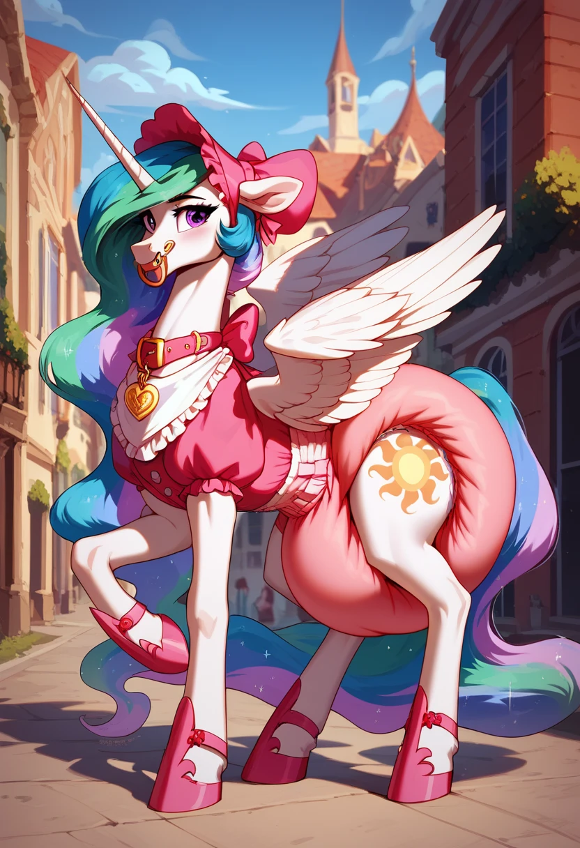 alicorn pony alone , adult mare, Princess Celestia, , the mane is gathered in a dark pink bonnet ,  purple eyes , stands on four hooves ,  wide open back hooves ,  dressed in a fancy pink dress with ruffles and frills with a short skirt ,  around her neck with a white bib with gold trim on the edges with pink lettering in the middle:  x} “stupid guilty filly” ,  steel collar with a purple tint and a bell with the tag of a sad sun under her bib,  white stockings and pink booties over hoof socks ,  big golden pacifier in the mouth with straps , thick diaper under clothes,  pink plastic panties over a diaper , solo,  simple background.