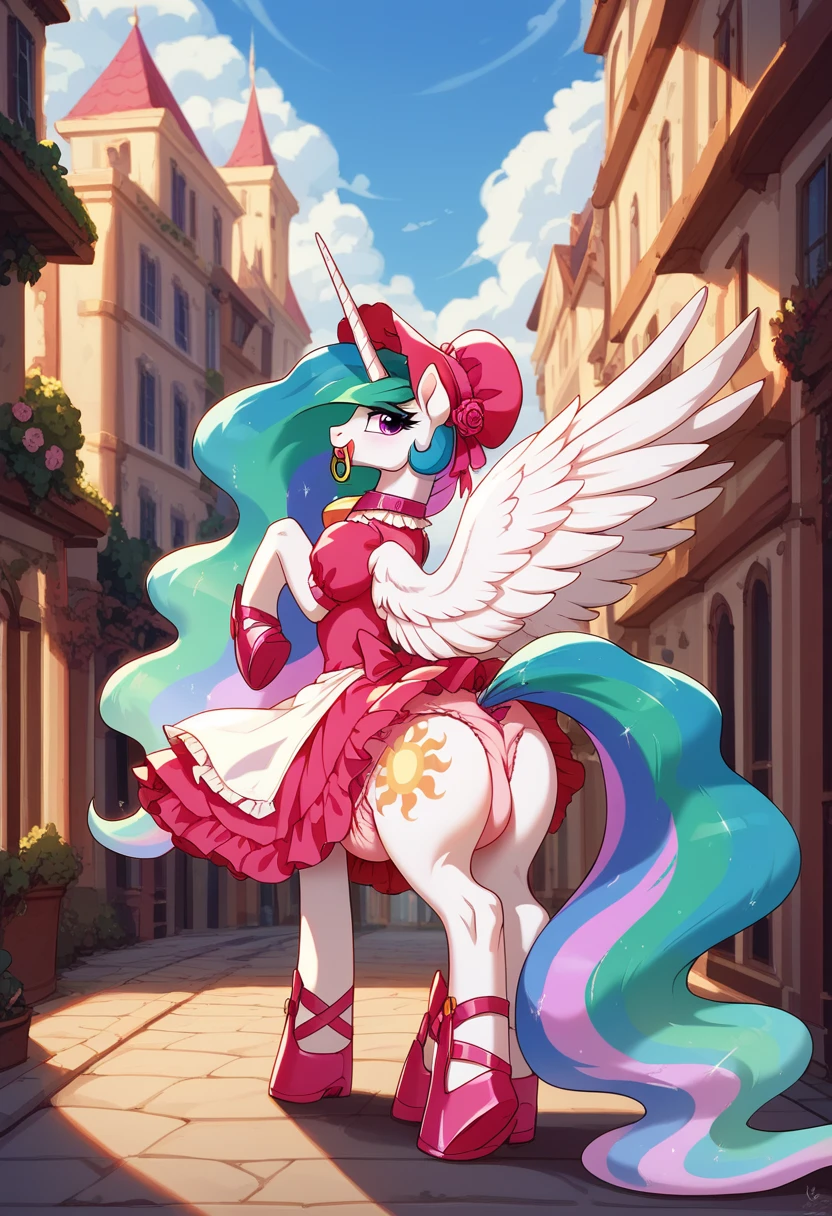 (((my little pony))), solo, ((red hat girl costume with bows)), beautiful pony body, ((seductive perky big butt)), behind view, (((shining armor))), ((4 legs)), radiant lighting, vibrant colors, whimsical atmosphere, 8K, high resolution, highly detailed, masterpiece, (glossy body), ((sun oil on the butt))