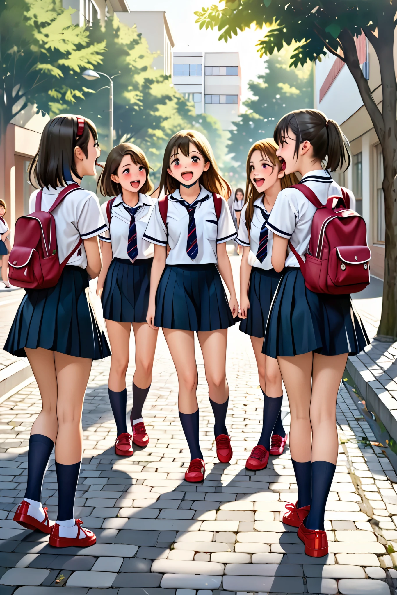 (masterpiece), best quality, expressive eyes, perfect face. A crowd of multiple schoolgirls bare naked only choker tie, socks and cute shoes, morning, outdoor fresh natural street with trees and pavement, the girls are chatting, laughing on their way to school, with ransel bag on their bag.