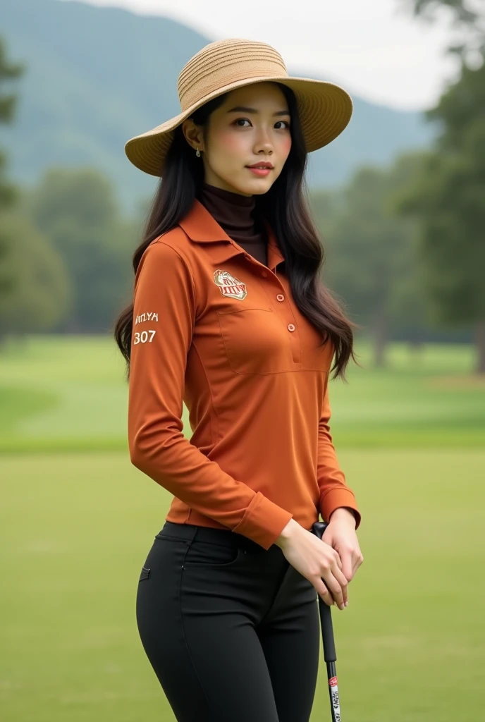 (perfect face), (perfect eyes), (detailed skin), (realistic portrait), (middle scene), (half-body), looking at camera, beautiful Indonesian woman, dressed in tailored golf attire, side profile, half-body shot, holding a golf club with grace on a luxurious golf course, flowing hair with a traditional Indonesian twist, perfectly manicured grass, bright sunlight, confident and refined, upscale and tranquil setting
, detailxl