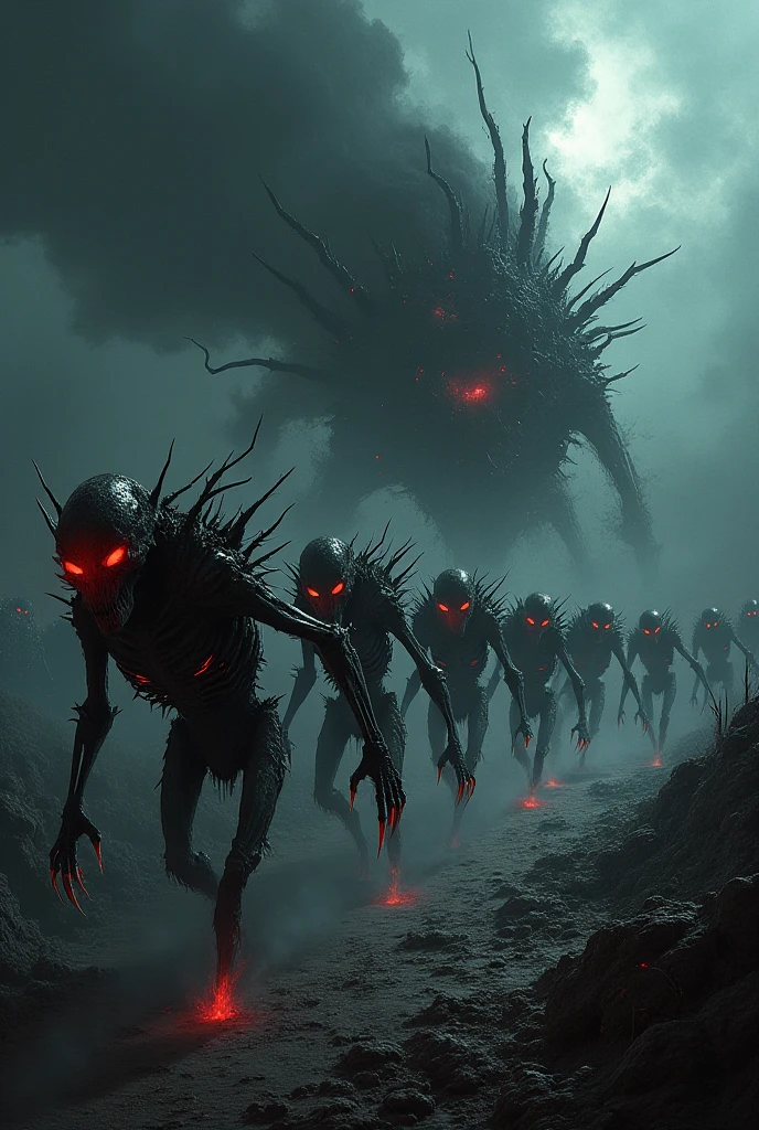 Masterpiece, best quality:1.2), in (full shot:4.1) of lot of 9monsters, ghouls, zombies, (spitting fire on the ground:4.5) (the undead horde surges across the desert, surrounding and invading a spaceship. A space creature appears with red eyes glowing with an eerie light, spitting fire and its mouth twisted into a grotesque snarl:3.5), inspired by Zdzislaw Beksinski and Peter Gric, (with Creepy, Sci-Fi, Fantasy and Horror:2.5) retro sci fi, Horror movie, very detailed body, moody 