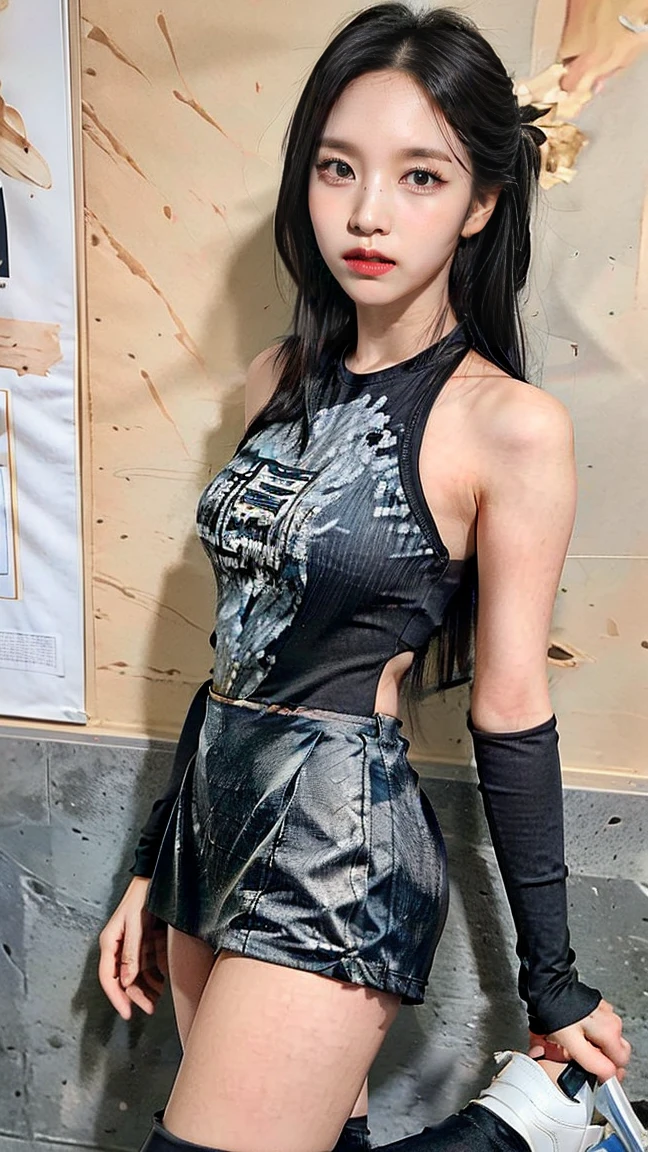 araffe woman in a gray dress posing for a picture, muted cyberpunk style, inspired by Gao Cen, shaxi, jia, photograph of a techwear woman, style mix of æon flux, style is a blend of æon flux, Inspired by Gao Xiang, wearing japanese techwear, Inspired by Gao Qipei, model is wearing techtical vest,(8K,best qualtiy,tmasterpiece:1.2),(realisticlying,realisticlying,photo-realistic:1.37),1girll,Hyper-detailing,beatiful detailed eyes,Beautiful detail nose,White skin of the,(((Open-mouthed))),(((teeth))),seductiv
