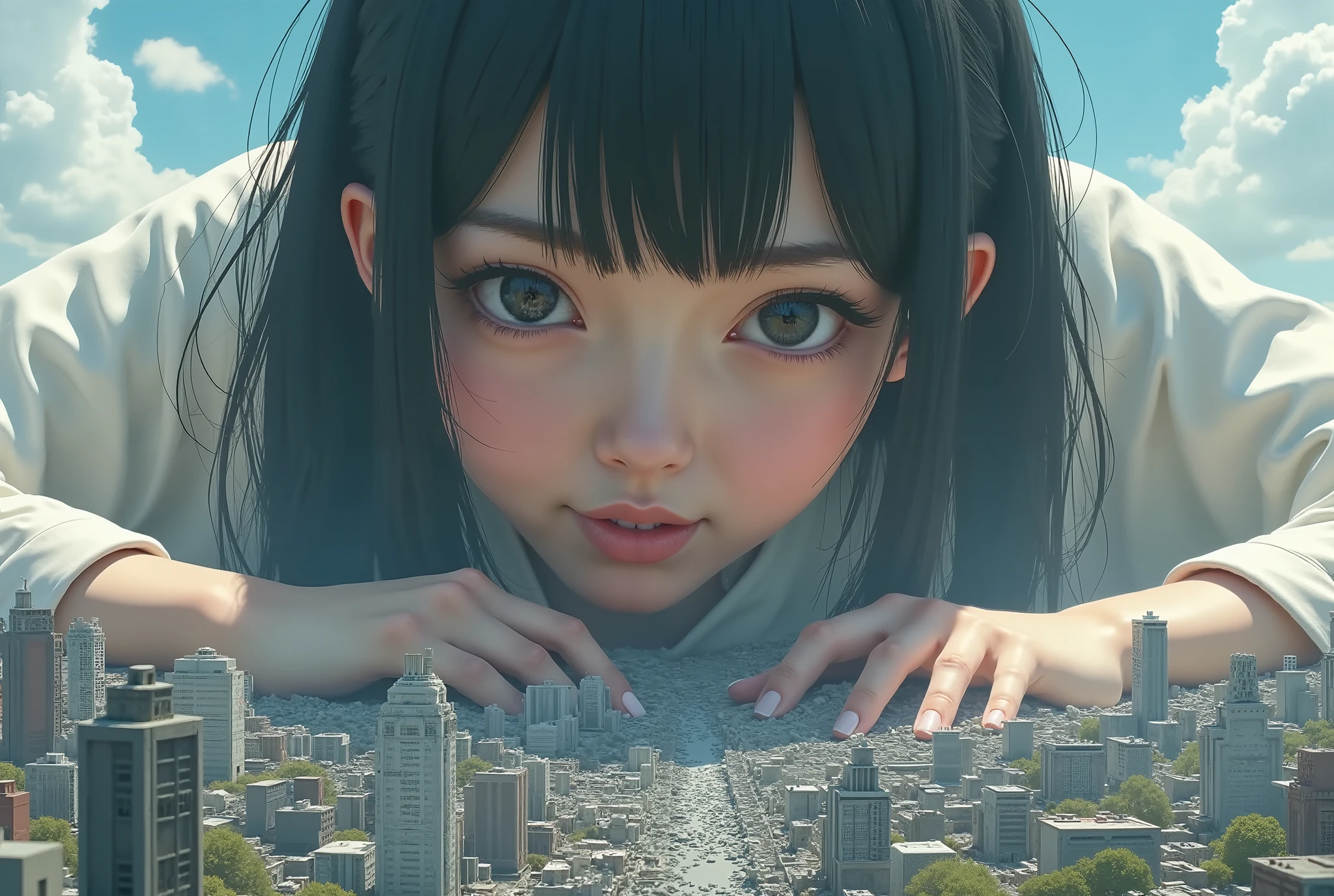 (High Beautiful Super Giant Japanese girl, Super Real photorealistic), (Super Best masterpiece Raw Photography Art), (16k, Highest Image Quality, super high resolution, RAW photos ), (Ultra-wide field of view, Very detailed and accurate1Point perspective drawing), The real world is being crushed and destroyed by a very, very, super overwhelming, huge Japanese girl