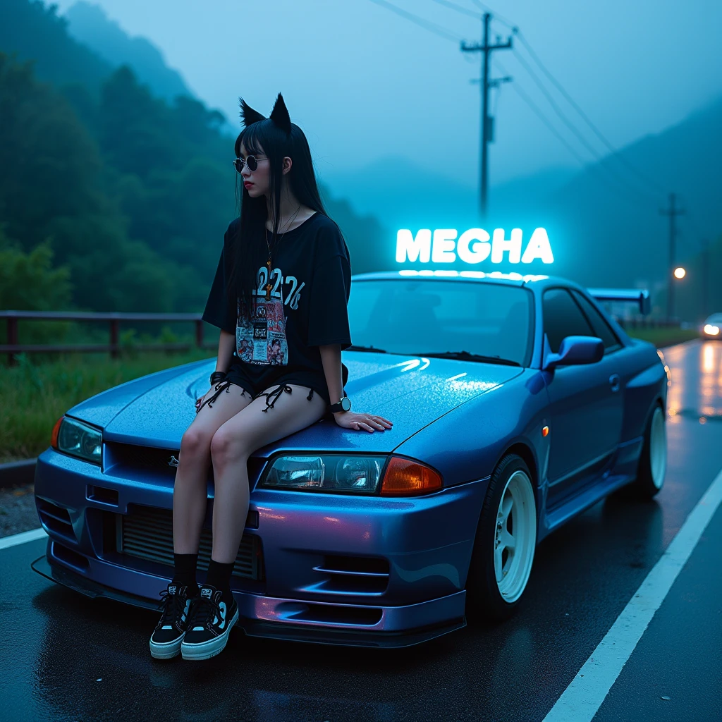 arafed woman sitting on the hood of a car in a city, anime style mixed with fujifilm, japanese streetwear, official artwork, e - girl, e-girl, akira vibes, ae 8 6, style of masami kurumada, takata yamamoto style, cyberpunk streetwear, 8 0 s anime vibe, she is wearing streetwear, badass anime 8 k