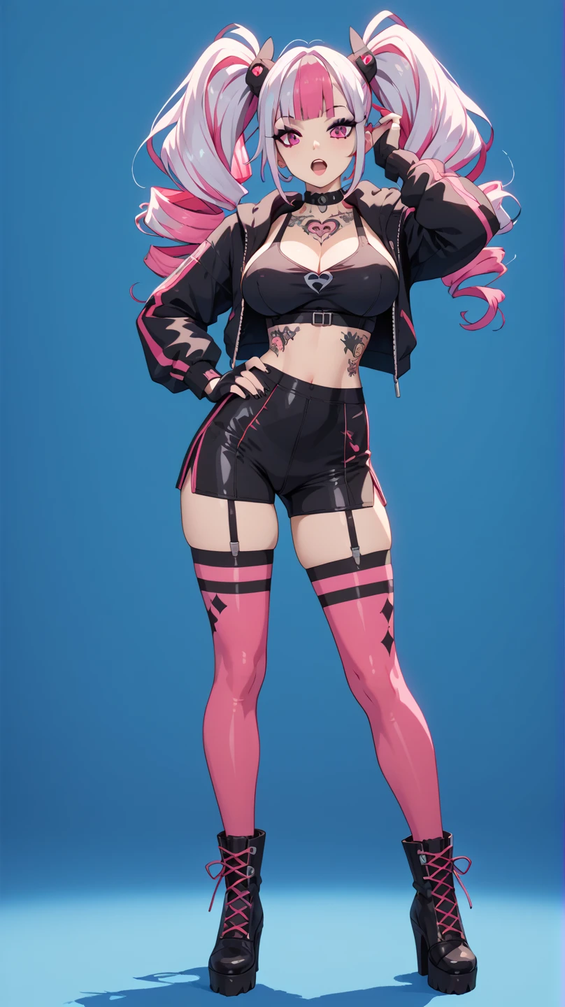 (((of the highest quality: 1.4))),(unparalleled masterpiece ever), (Ultra high definition),(Ultra-realistic 8K CG), offcial art、 (((adult body))), (((1girl in))), ((( Bob Shorthair ))), Punk girl with a perfect body, Jacket with metal spines,Beautiful and well-groomed face,,Detailed punk fashion,leather jackets, (Image from head to thigh),(( White Blonde Bob Shorthair )), Small leather panties,( Simon Bisley's urban savage style),Detailed street background of London,Clean abs, Complex graphics, dark pink with white stars and gray and white stripes,,, (( Many poisonous tattoos )), piercings,