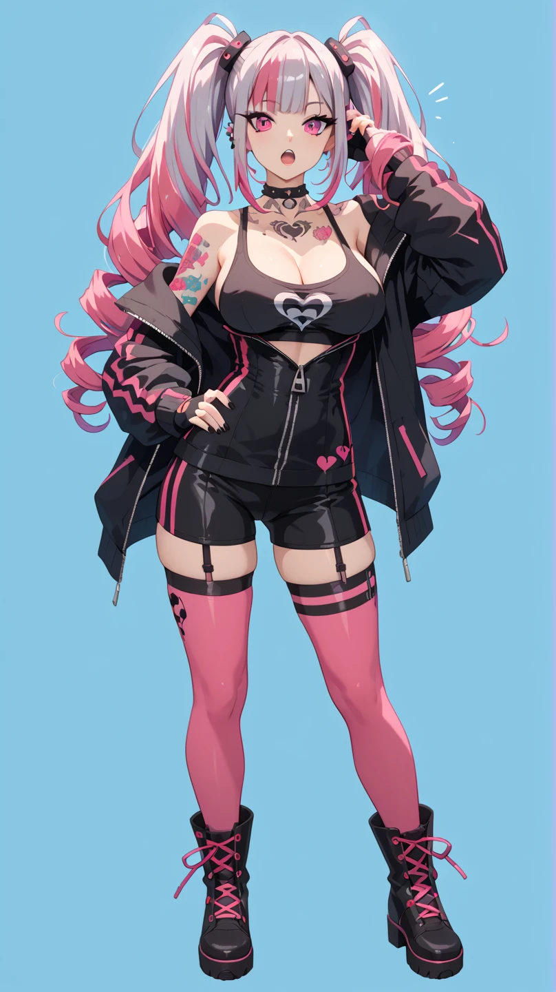 rebecca , 1girl , alternate costume , artificial eye , black footwear , black panties , breasts , collared shirt , colored skin , coloured sclera , crop top , full body , hair ornament , hands up , highleg , highleg pantsu , legs together , long hair , looking at viewer , mechanical eye , navel , neck tattoo , open mouth , pantsu , panty tug , partially visible vulva , pink tattoo , purple lips , red pupils , red sclera , shirt , short sleeves , skindentation , small breasts , solo , standing , stomach , stomach tattoo , sweat , tattoo , thighhighs , twin tails , underwear , white skin