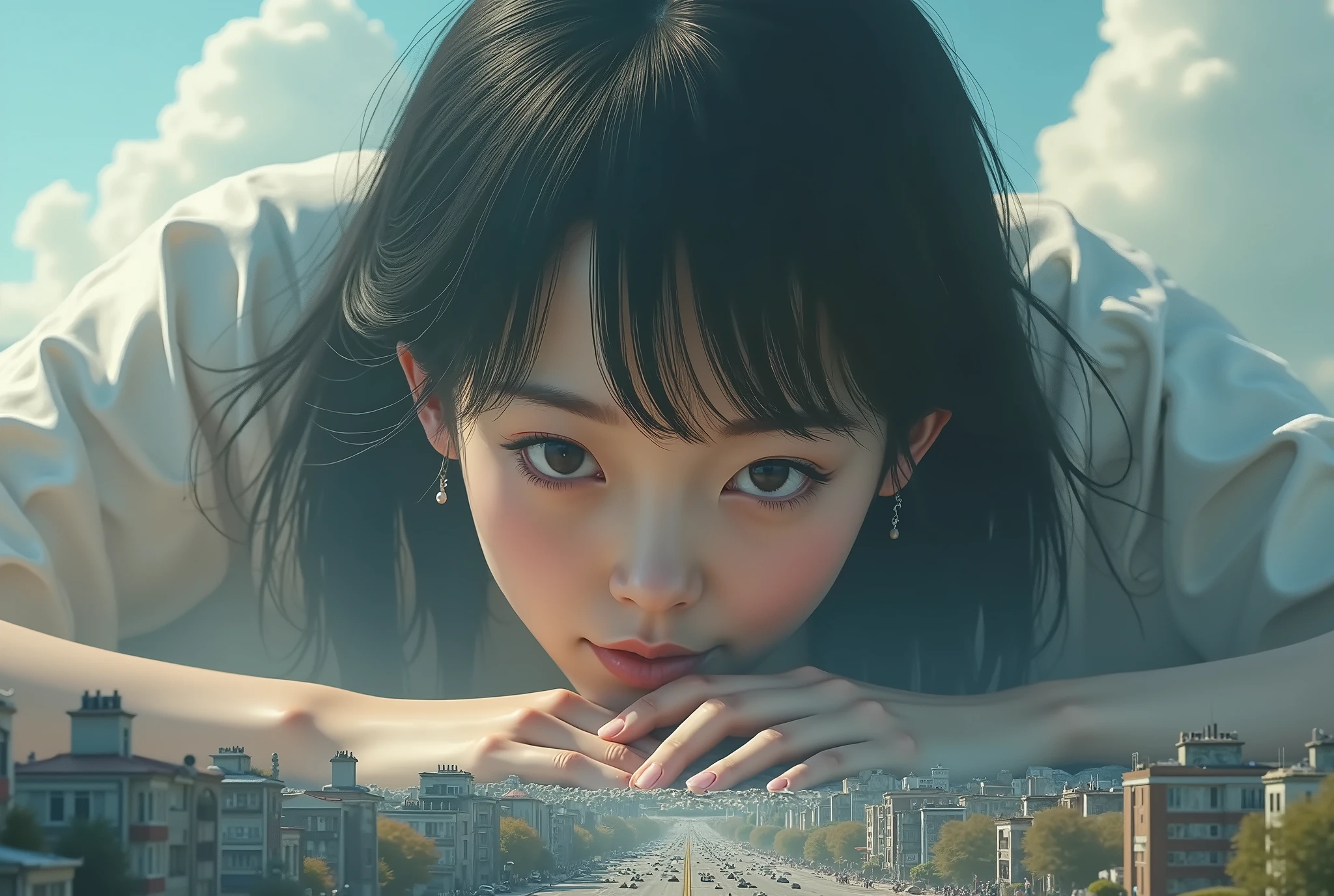 (High Beautiful Super Giant Japanese girl, Super Real photorealistic), (Super Best masterpiece Raw Photography Art), (16k, Highest Image Quality, super high resolution, RAW photos ), (Ultra-wide field of view, Very detailed and accurate1Point perspective drawing), The real world is being crushed and destroyed by a very, very, super overwhelming, huge Japanese girl
