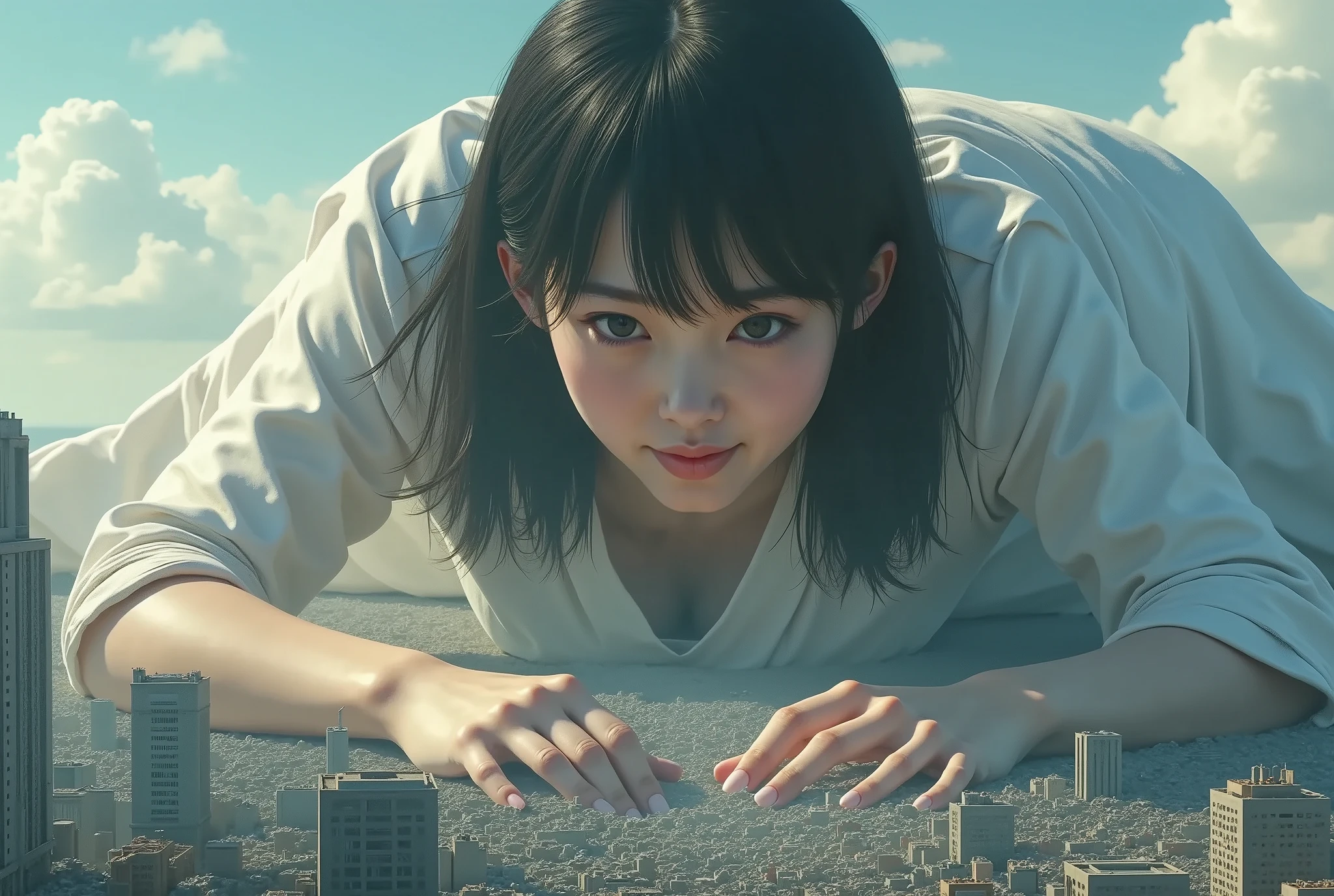 (High Beautiful Super Giant Japanese girl, Super Real photorealistic), (Super Best masterpiece Raw Photography Art), (16k,  Highest Image Quality,  super high resolution,  RAW photos ), (Ultra-wide field of view, Very detailed and accurate１Point perspective drawing), The real world is being crushed and destroyed by a very, very, super overwhelming, huge Japanese girl
