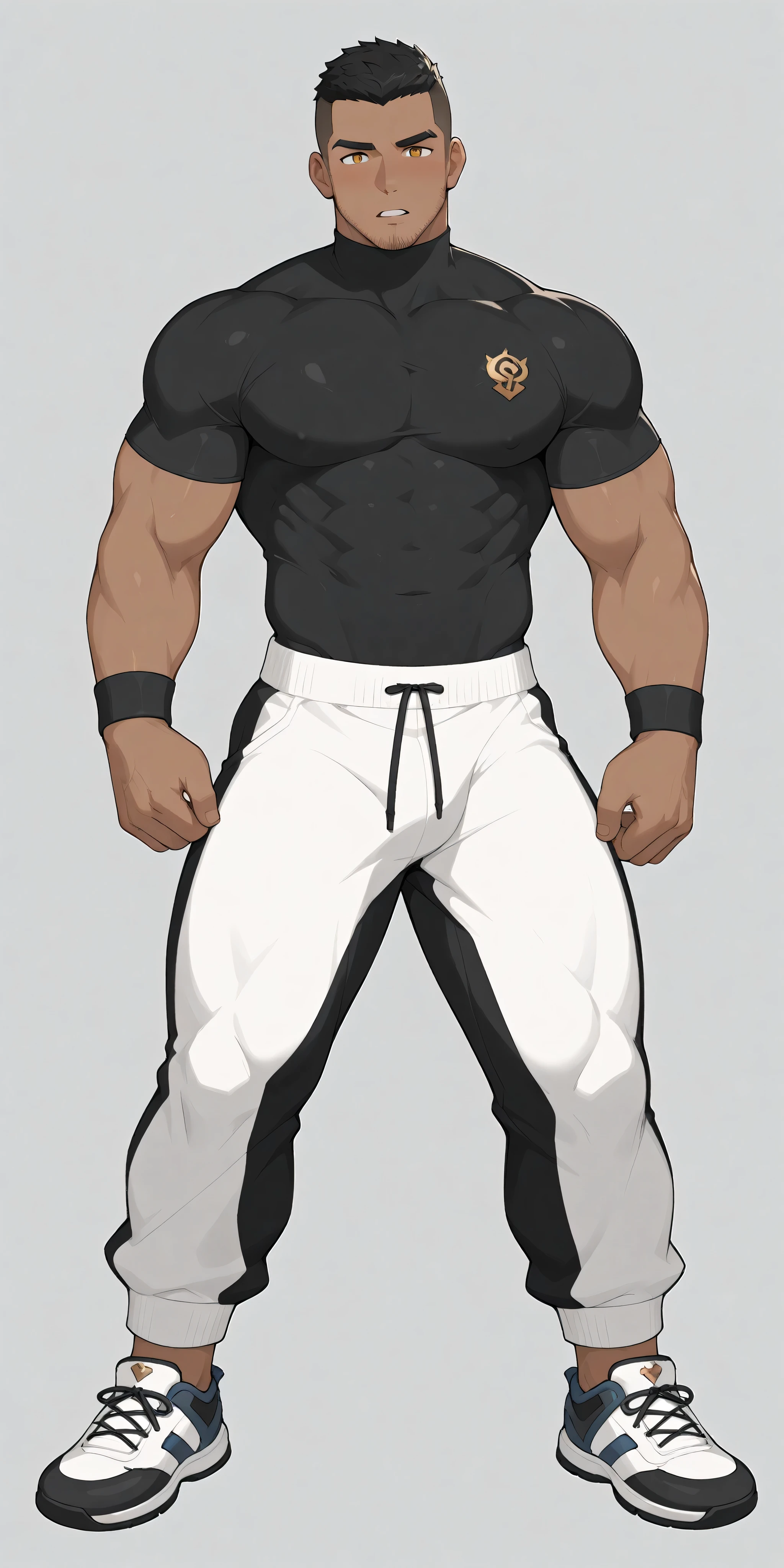 anime characters:Gyee, whole body, tall, Young Muscle Sports Sexy Teacher, negro black skin, Manliness, male focus, tight turtleneck sweater, Sport sweatpants, Sports shoes, Very tight, muscular male, muscular, only, alone, Black short hair, Thick eyebrows, stubble, Yellow eyes, Grey background, simple background, amazing quality, best aesthetics, Ridiculous, Blurred eyes, There is salivation on the corners of the mouth, crew cut, parted lips, A puzzled expression, best quality