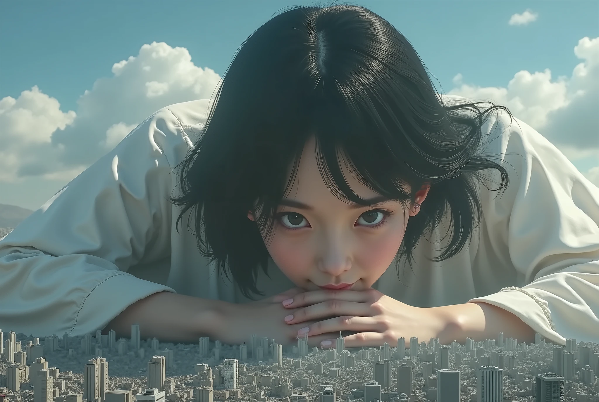 (High Beautiful Super Giant Japanese girl, Super Real photorealistic), (Super Best masterpiece Raw Photography Art), (16k, Highest Image Quality, super high resolution, RAW photos ), (Ultra-wide field of view, Very detailed and accurate1Point perspective drawing), The real world is being crushed and destroyed by a very, very, super overwhelming, huge Japanese girl