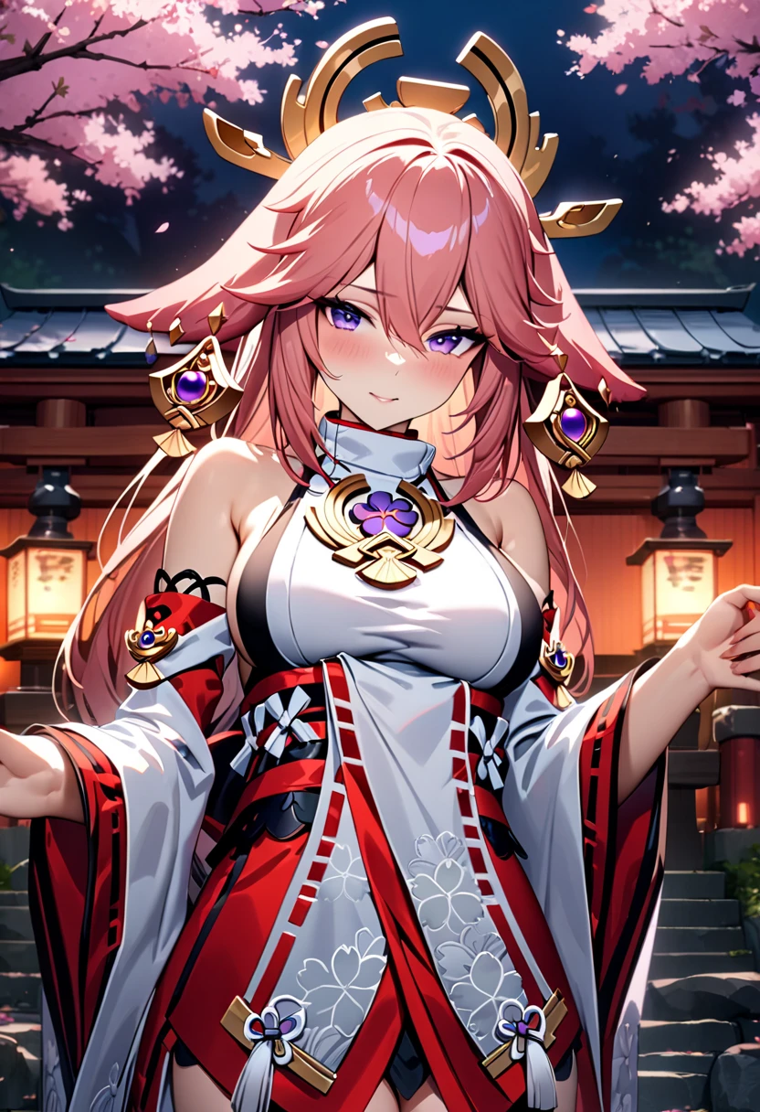 (masterpiece, best quality, very aesthetic, super detailed, UHD), outdoor, japanese shrine, sakura tree, night, lantern light, romantic, 1girl, adult female, medium shot, Yae Miko, (detailed face:1.3), look at viewer