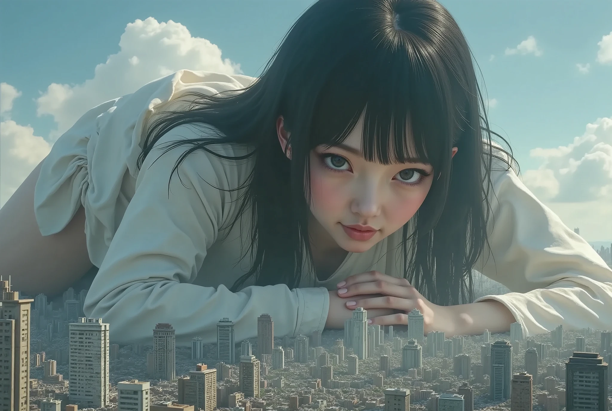 (High Beautiful Super Giant Japanese girl, Super Real photorealistic), (Super Best masterpiece Raw Photography Art), (16k, Highest Image Quality, super high resolution, RAW photos ), (Ultra-wide field of view, Very detailed and accurate1Point perspective drawing), The real world is crushed and destroyed by a very, very, super overwhelmingly large Japanese girl